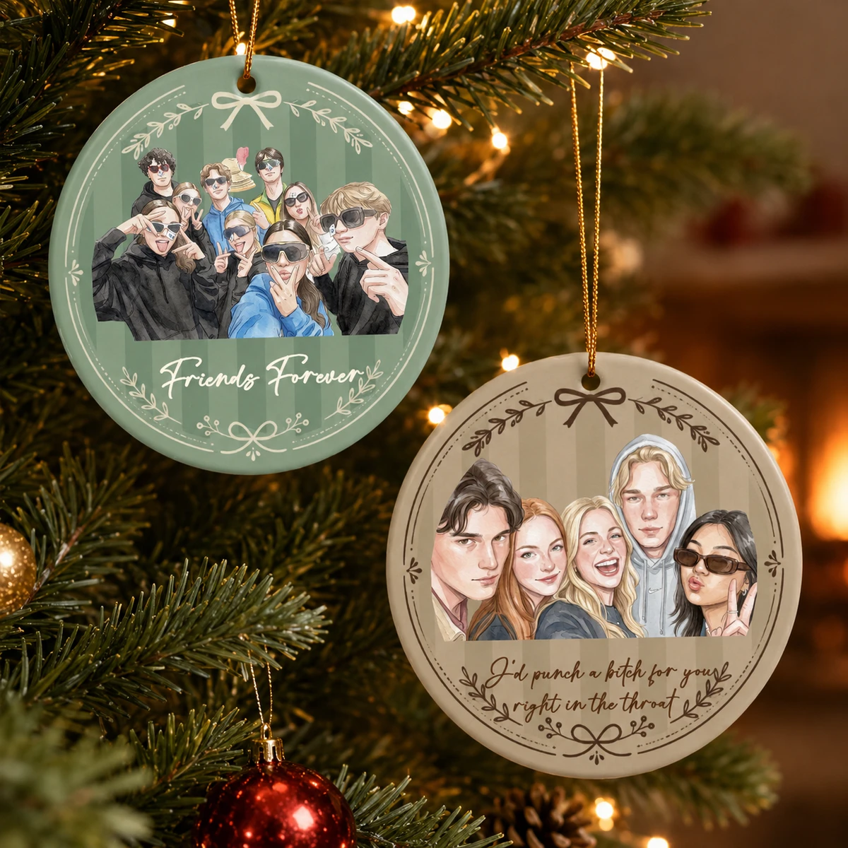 Personalized Ceramic Christmas Ornament Round Shape Custom Photo Best Friends Forever Group Portrait Christmas Gift