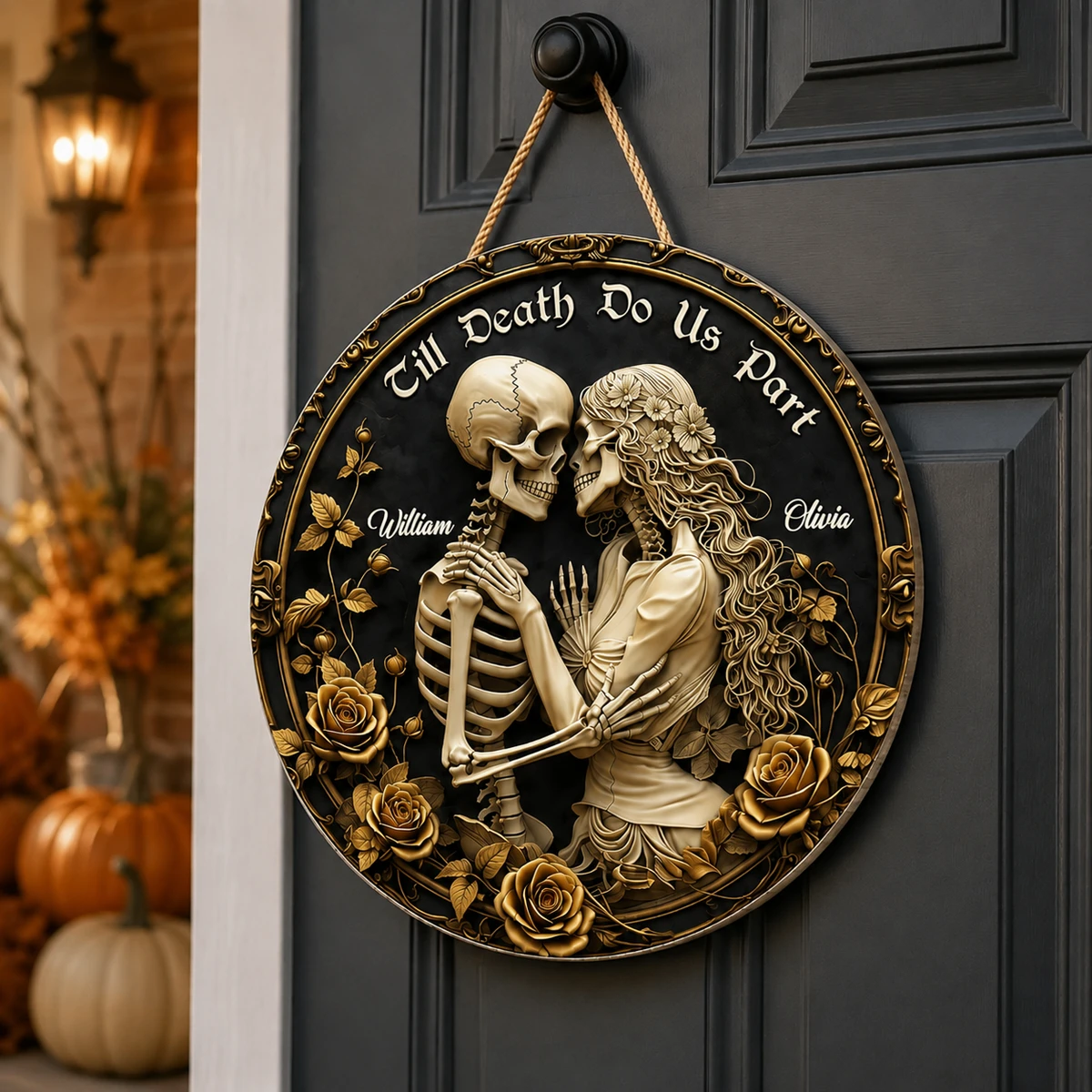 Custom Halloween Door Sign Personalized Names, Skeleton Couple Till Death Do Us Part Welcome Plaque, Gothic Rose Floral Decor, Front Door Wall Hanging Gift For Couples