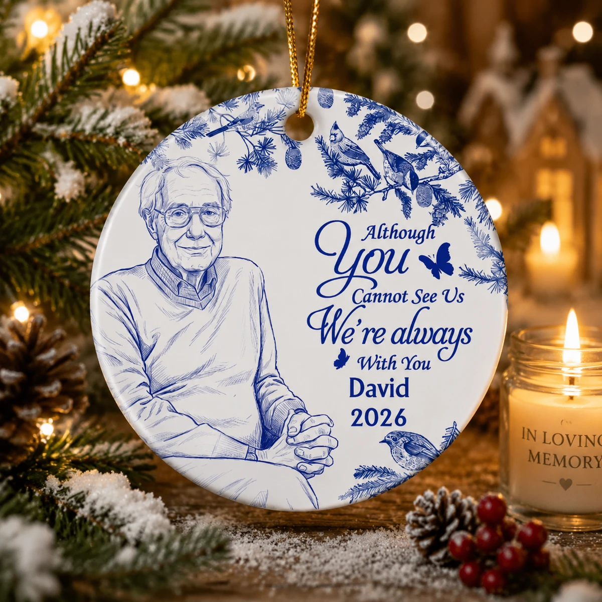 Personalized Ceramic Christmas Ornament Round Shape Custom Photo Remembrance Portrait Pine Branch Christmas Gift