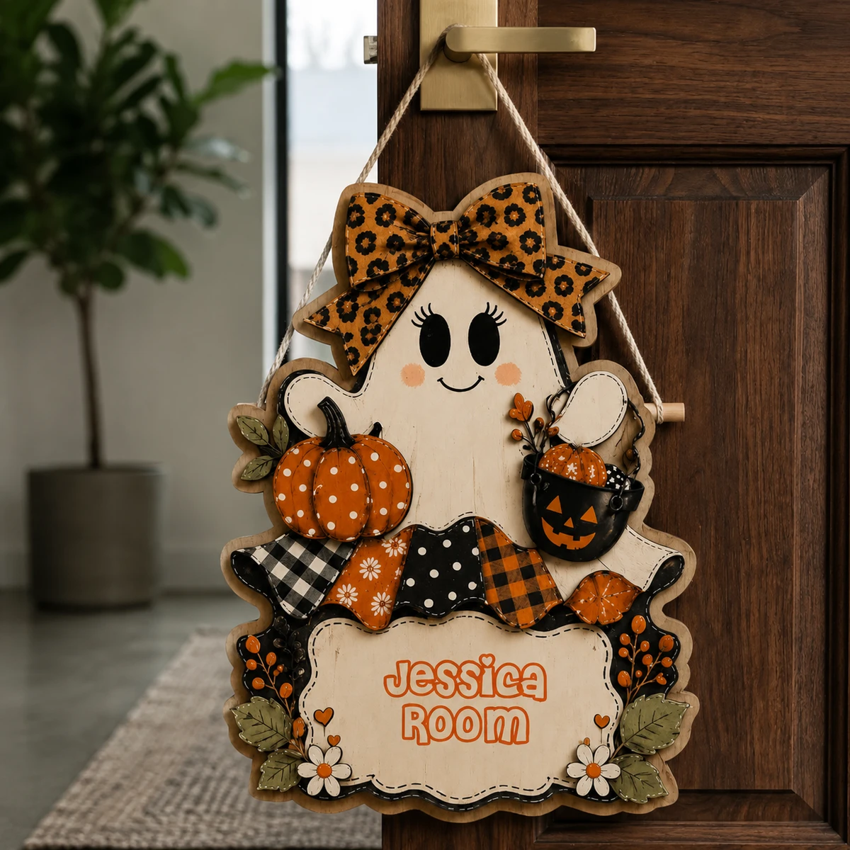 Custom Halloween Door Sign Personalized Text, Cute Ghost Girl Welcome Plaque With Pumpkin, Leopard Bow, Fall Flowers & Halloween Patterns, Home Decor Gift