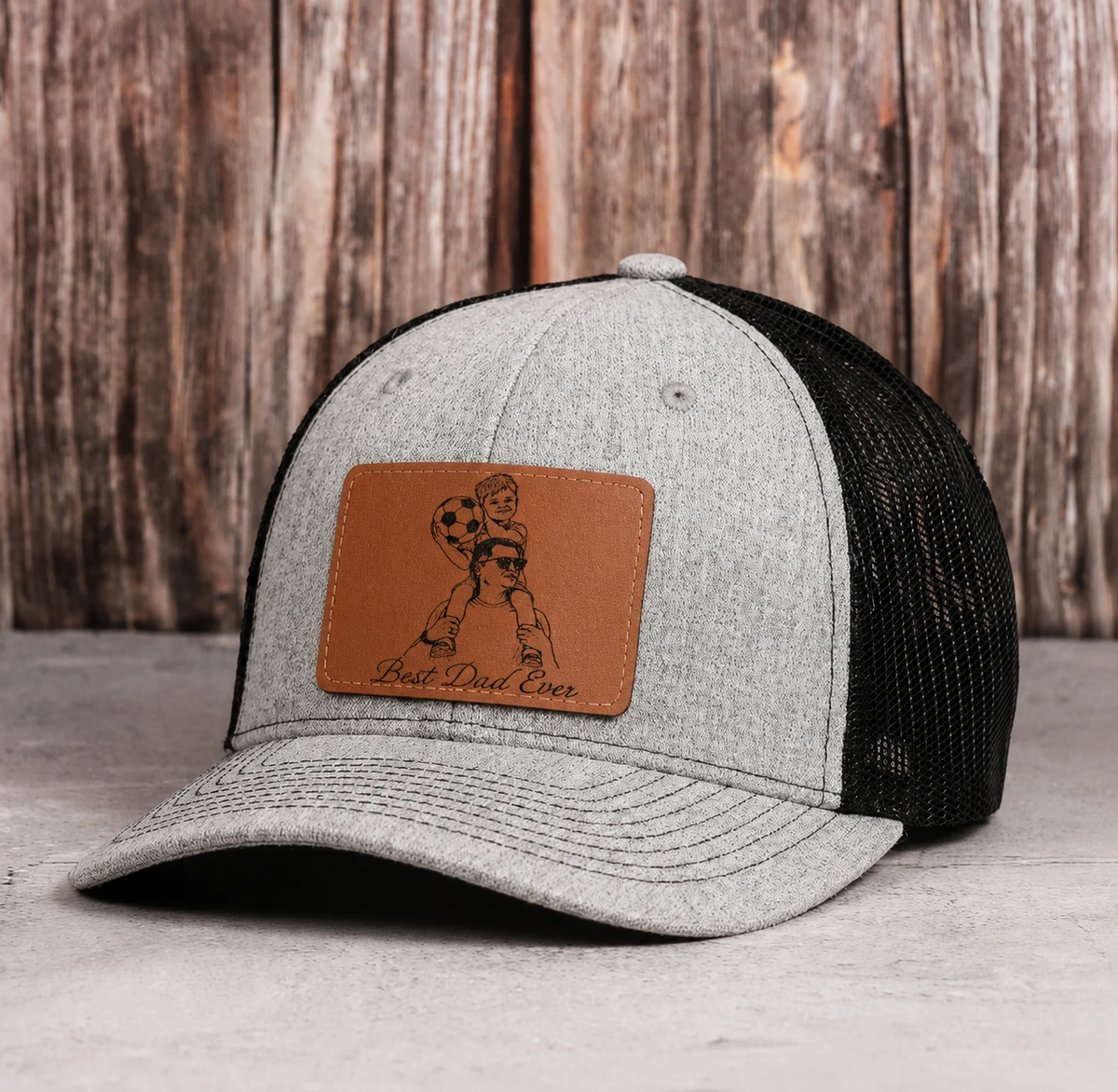 Custom Photo Sketch Line Art Dad - Personalized Leather Patch Hat - Father'S Day Gifts For Husband, Dad, Daddy, Grandpa, Papa