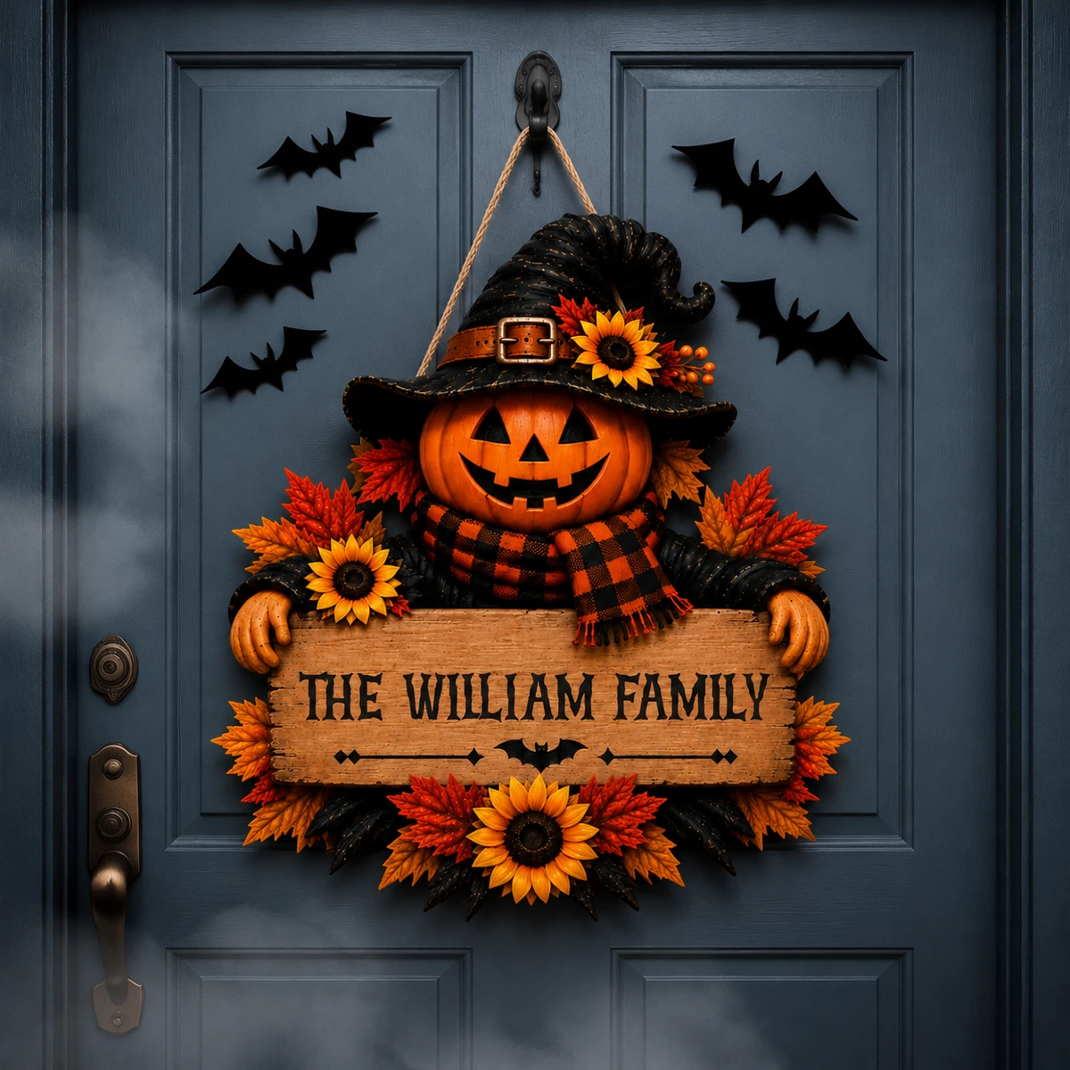 Personalized Pumpkin Halloween Door Hanger, Custom Family Name Sign With Witch Hat Pumpkin, Fall Flowers & Autumn Leaf Design, Rustic Halloween Home Decor