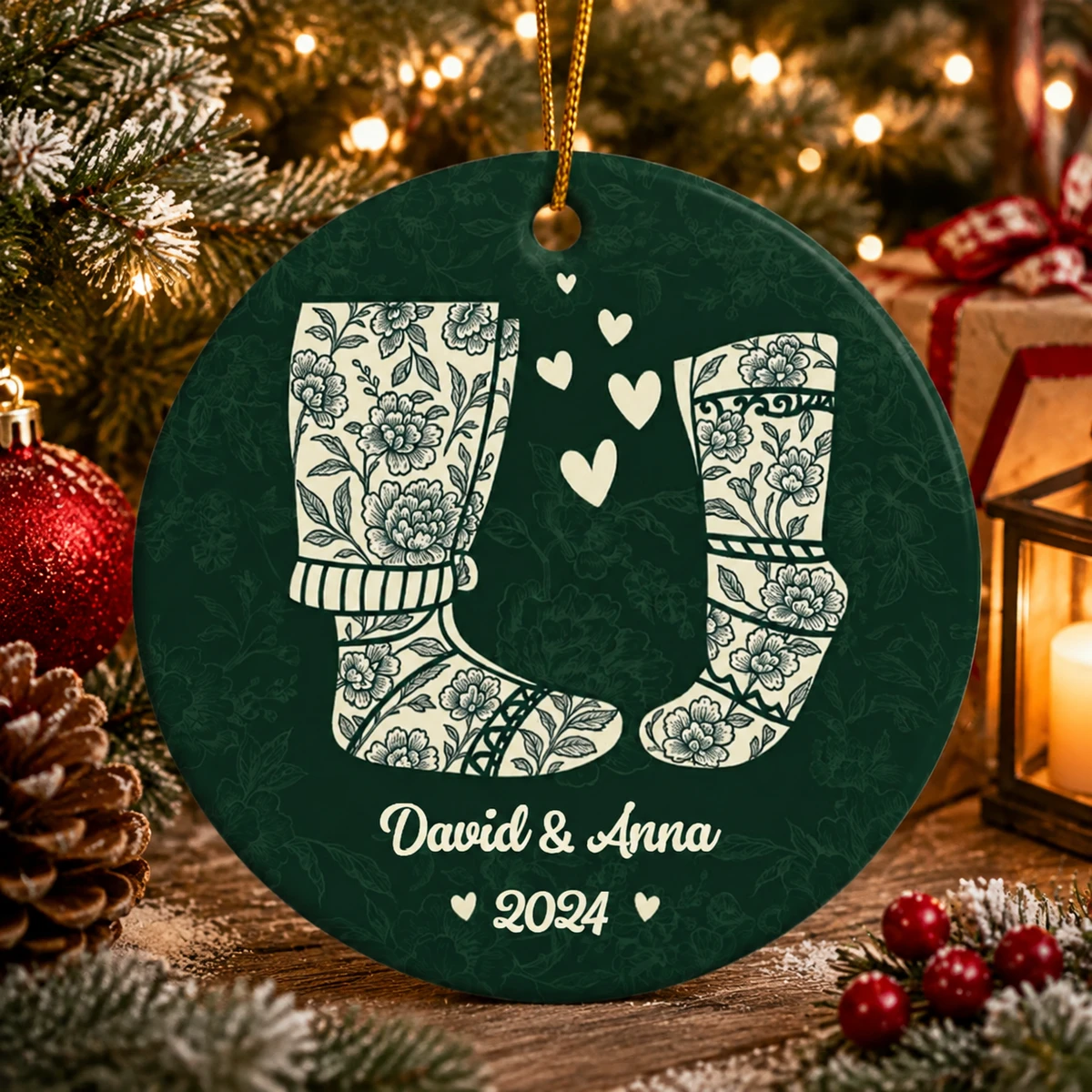 Personalized Ceramic Christmas Ornament Round Shape Custom Names Couple Stocking Heart Floral Christmas Gift
