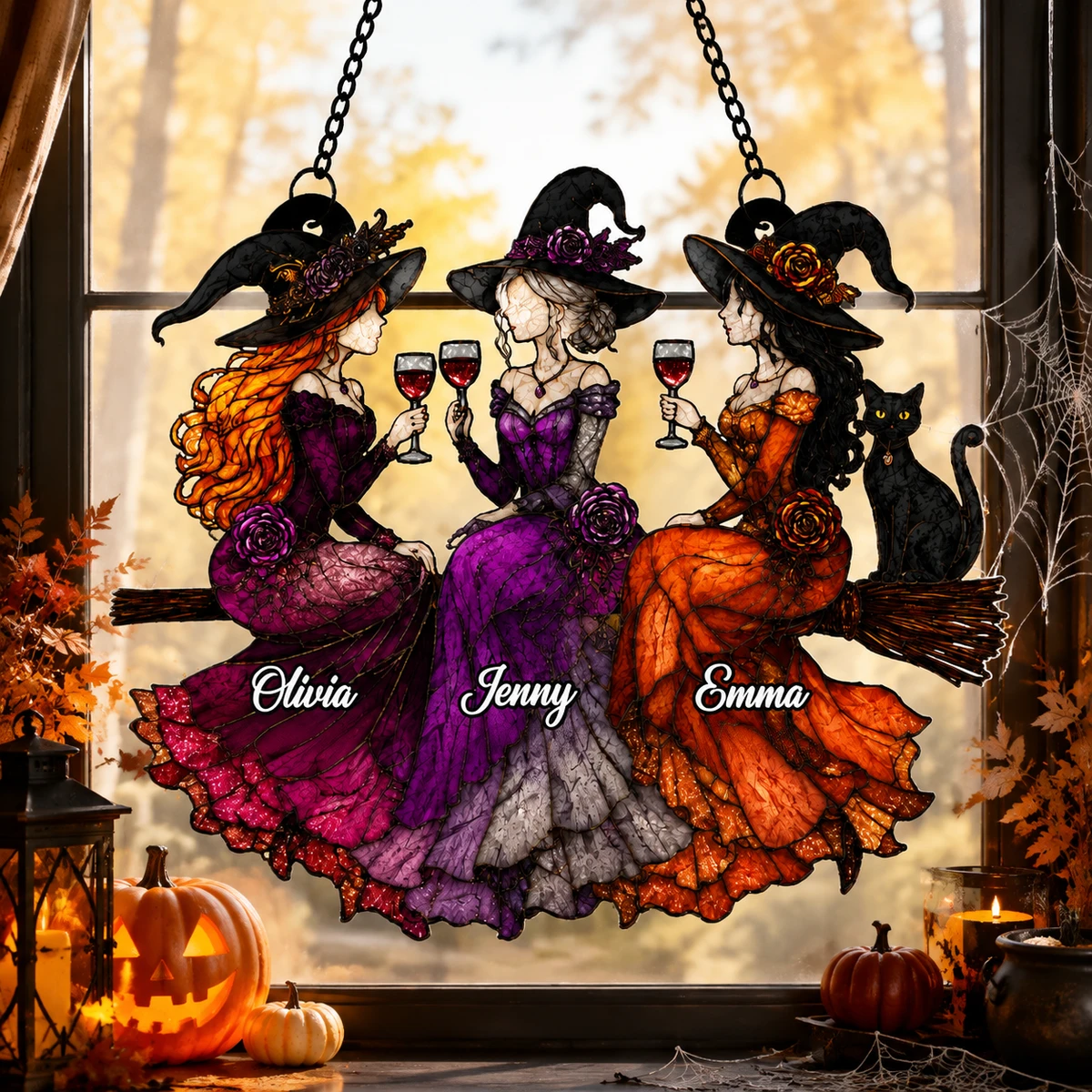 Personalized Witches Best Friends Stained Glass Suncatcher, Custom Witches Window Hanging, Spooky Sisterhood Decor Gift
