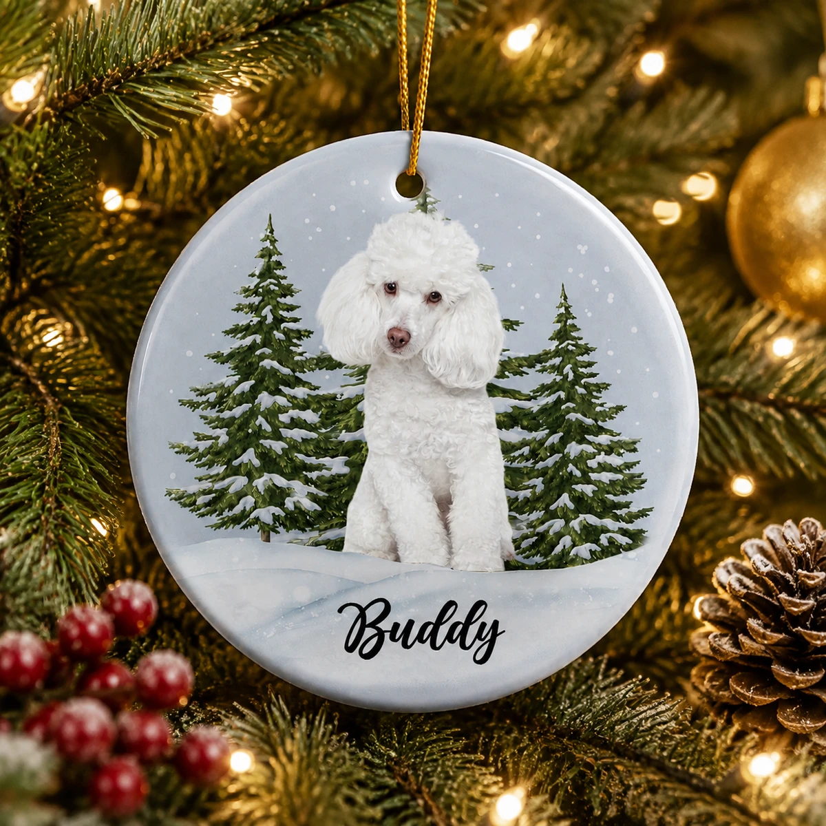 Personalized Ceramic Christmas Ornament Round Shape Custom Pet Photo Name Snowy Forest Dog Christmas Gift