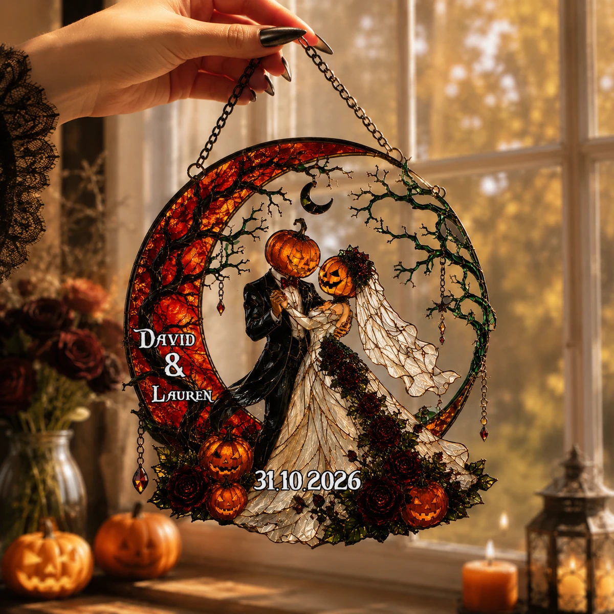 Personalized Halloween Pumpkin Couple Stained Glass Suncatcher, Custom Wedding Window Hanging, Spooky Gothic Anniversary Decor