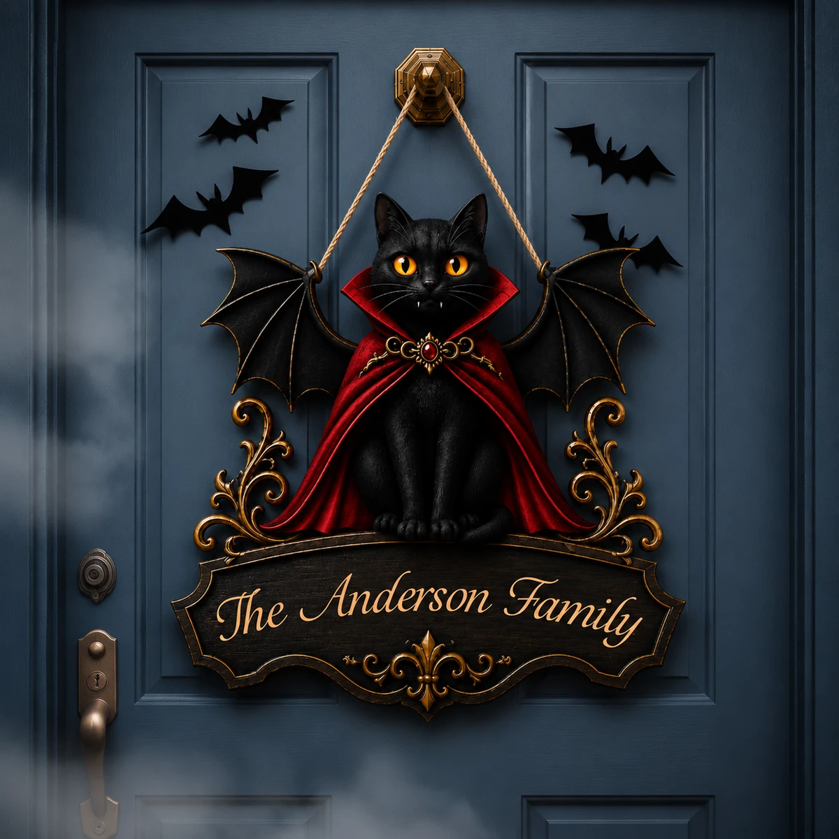 Personalized Halloween Door Sign Custom Family Name, Black Cat Vampire Bat Welcome Sign, Gothic Red Cape Cat Wall Decor, Spooky Front Door Hanging Decoration, Halloween Gift For Family