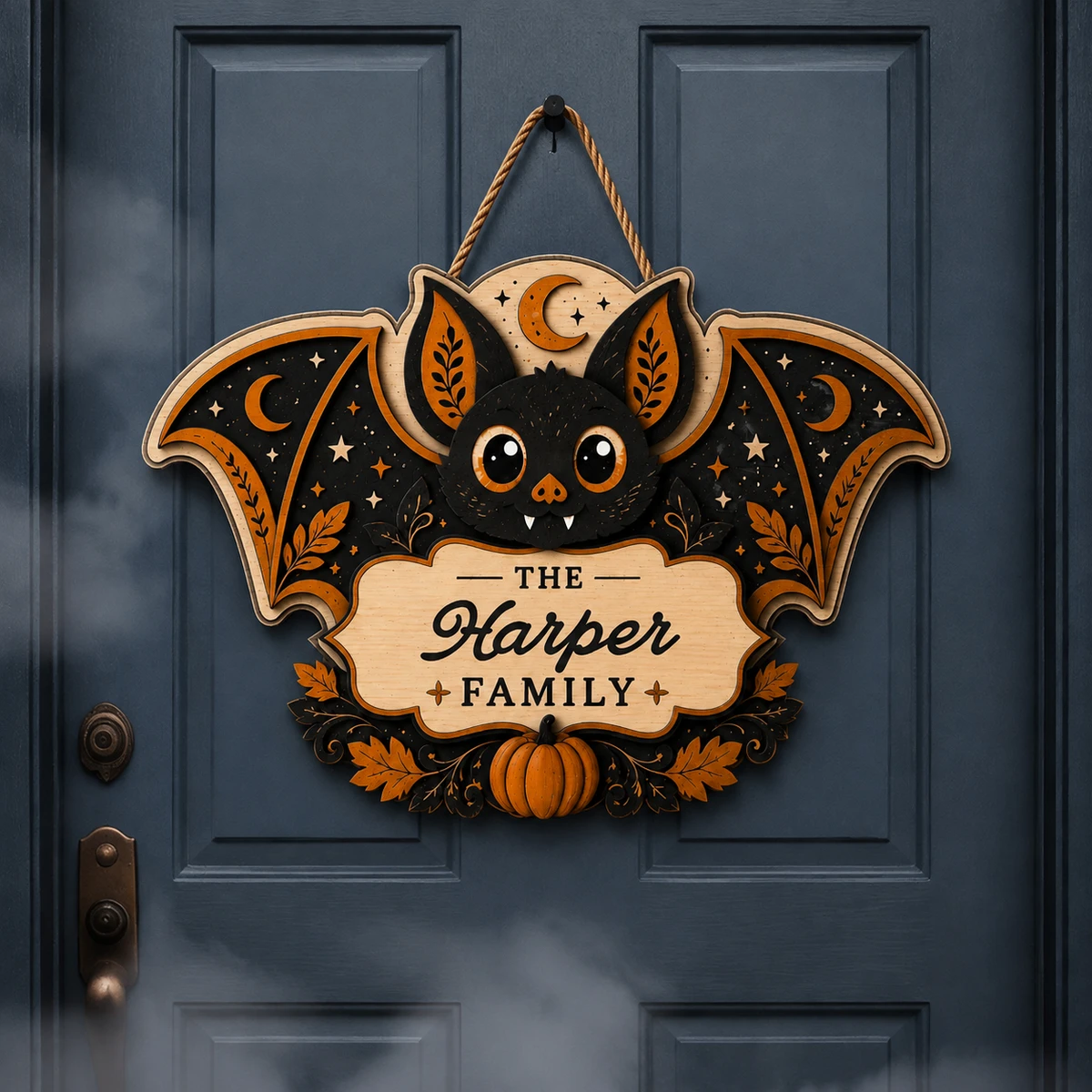 Personalized Bat Halloween Door Hanger, Custom Family Name Sign With Black Bat, Orange Moon, Stars & Pumpkin Design, Gothic Halloween Home Decor Gift