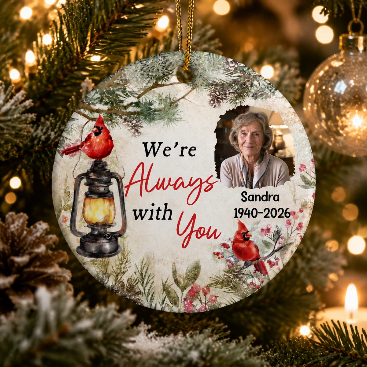 Personalized Ceramic Christmas Ornament Round Shape Custom Photo Name Memorial Cardinal Bird Forever With You Christmas Gift
