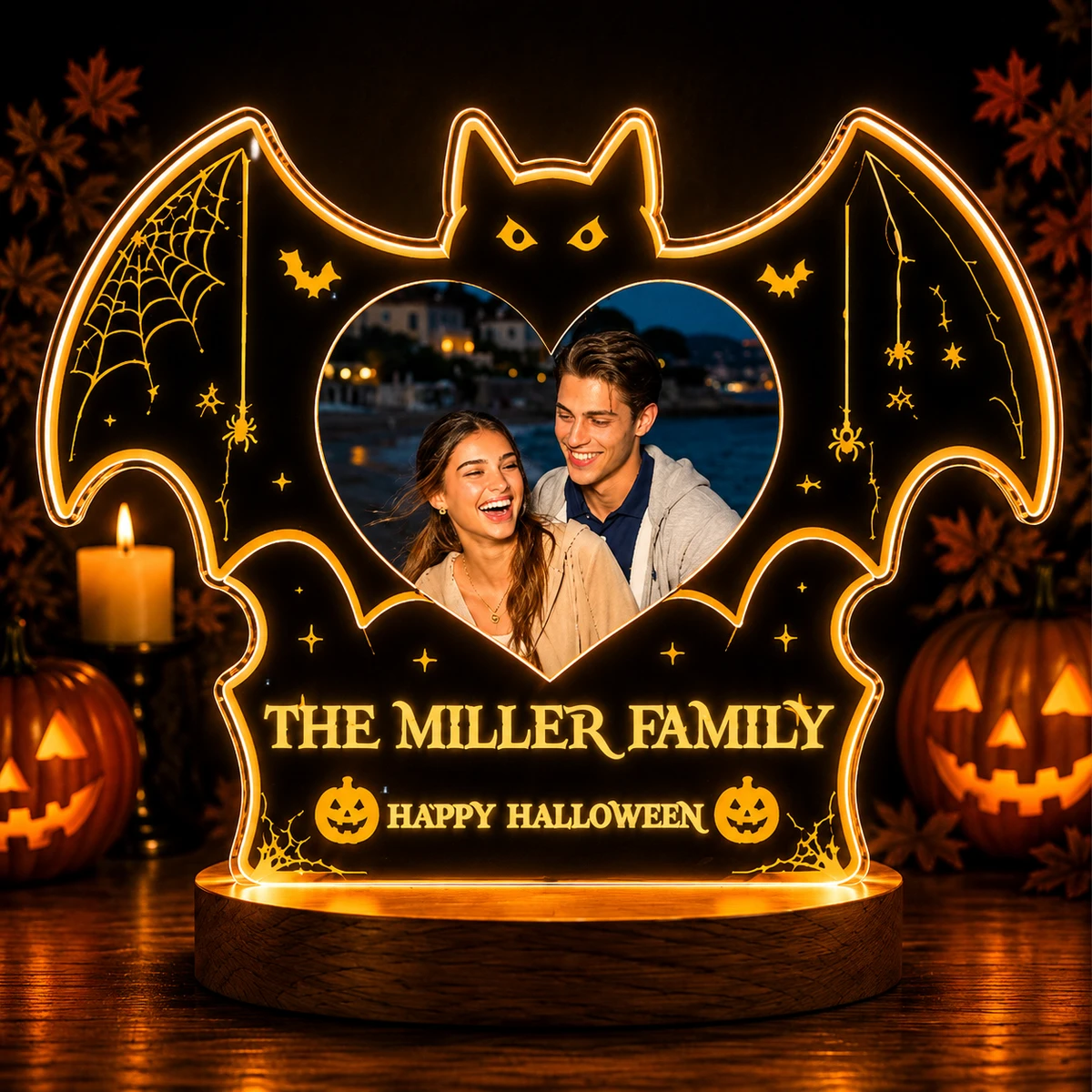 Personalized "Spooky Bat" Heart Photo & Family Name Led Night Light