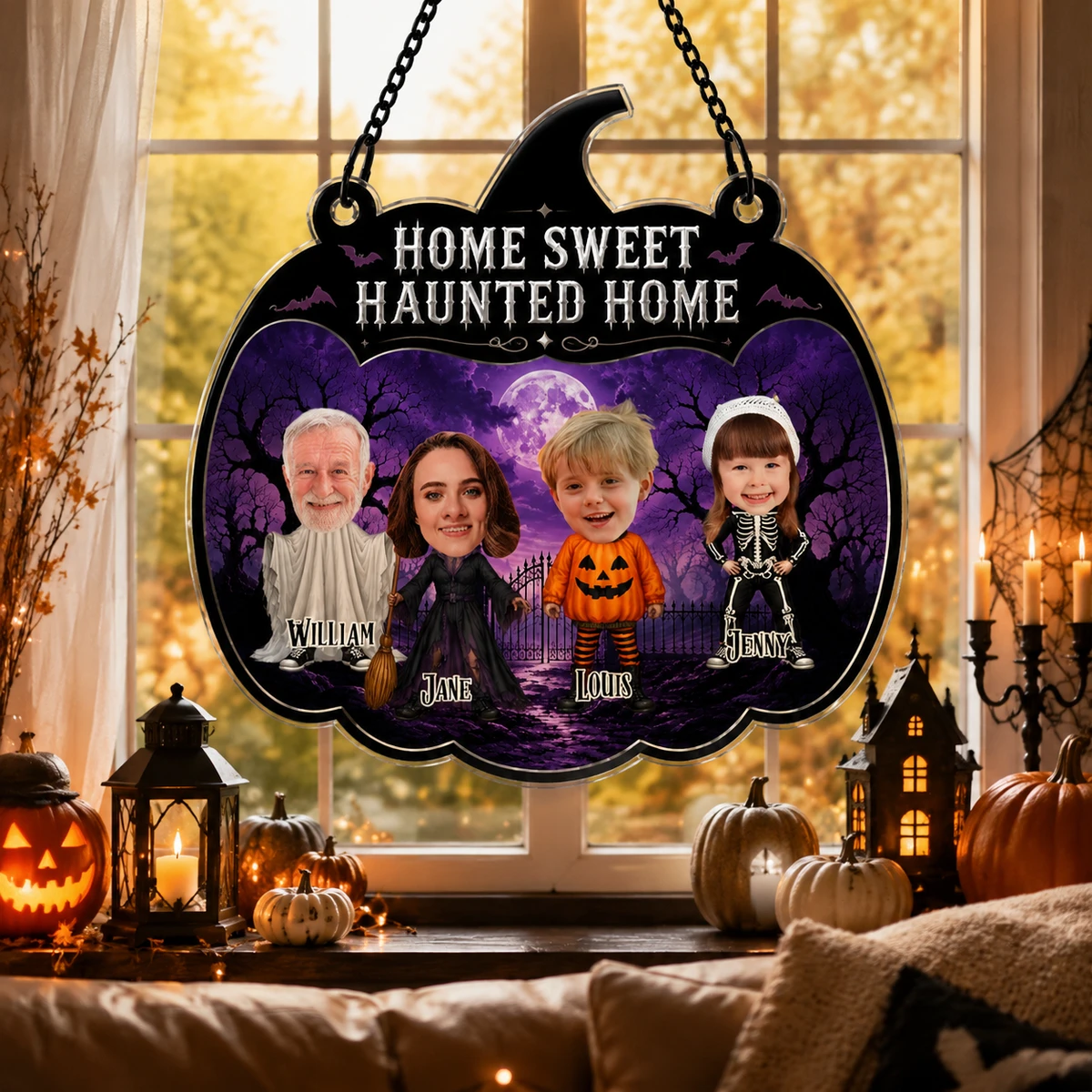 Personalized Family Halloween Suncatcher, Home Sweet Haunted Home Window Hanging, Custom Face Costume Decor Gift