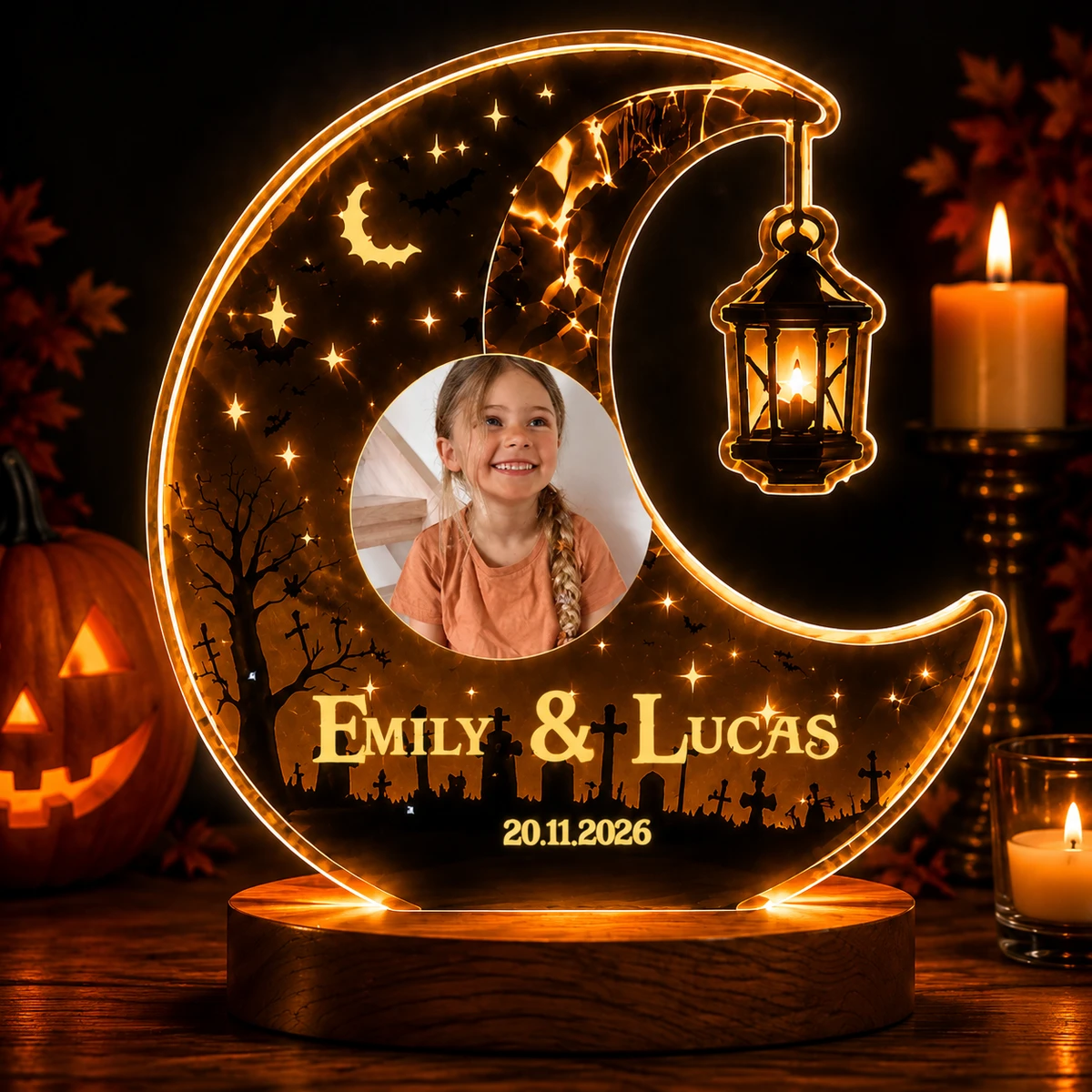 Personalized "Halloween Crescent Moon" Photo & Names Led Night Light