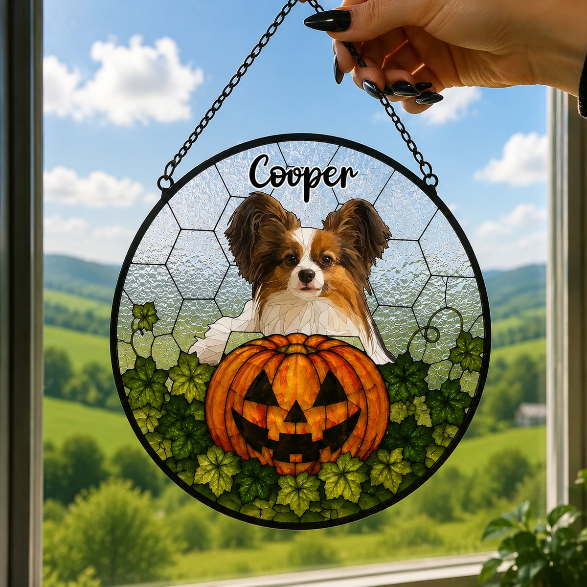 Personalized Halloween Dog Stained Glass Suncatcher, Custom Pet Pumpkin Window Hanging, Spooky Dog Lover Decor Gift