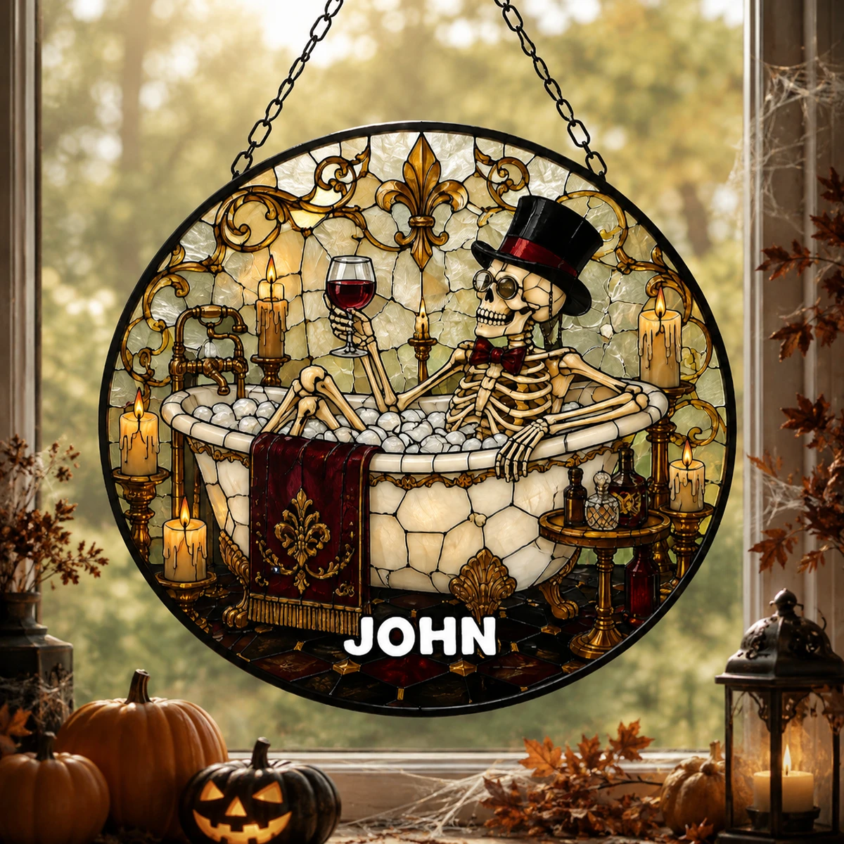 Personalized Skeleton Bath Stained Glass Suncatcher, Custom Gothic Spooky Halloween Window Hanging, Bathtub Skeleton Decor