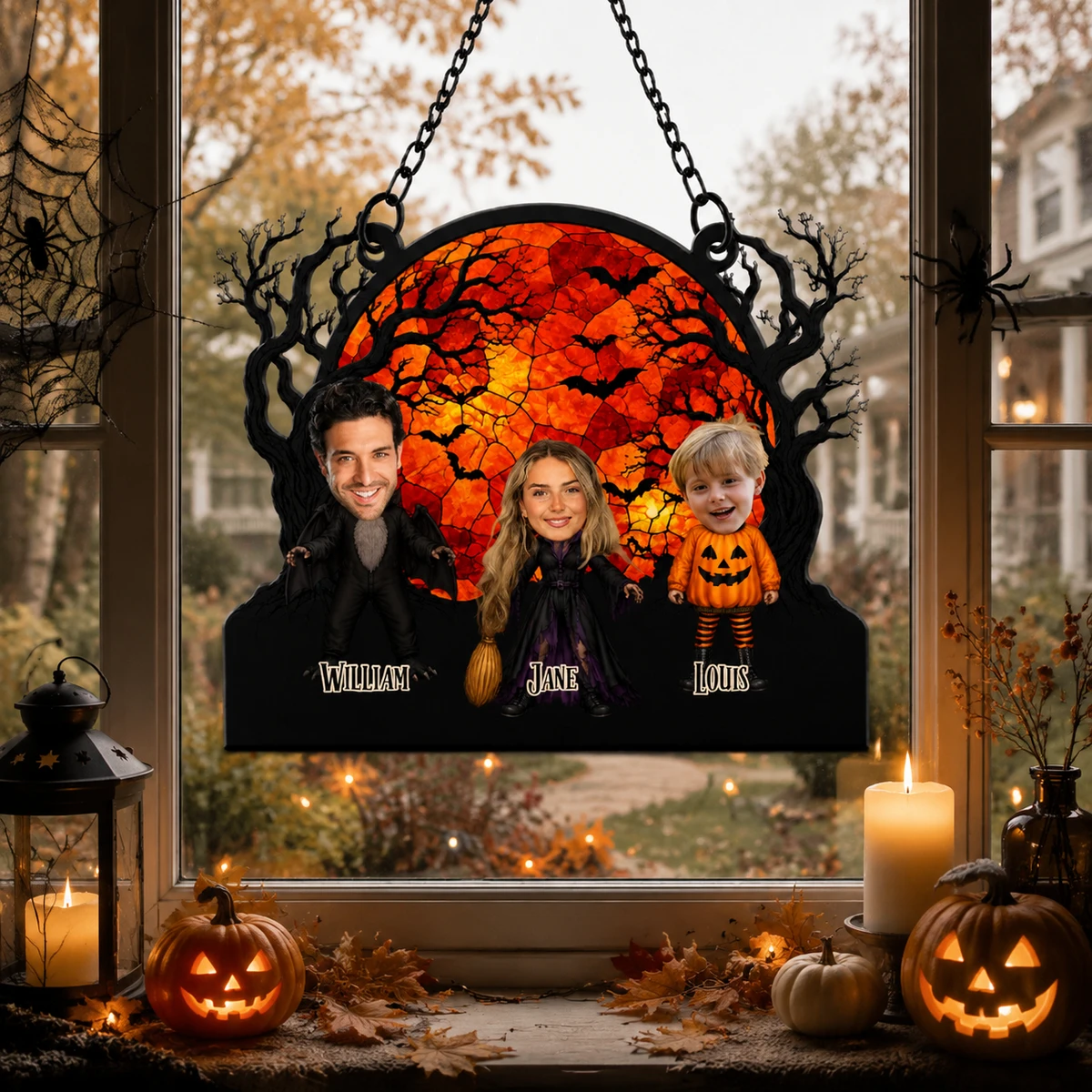 Personalized Family Halloween Stained Glass Suncatcher, Custom Face Spooky Window Hanging, Family Costume Decor Gift