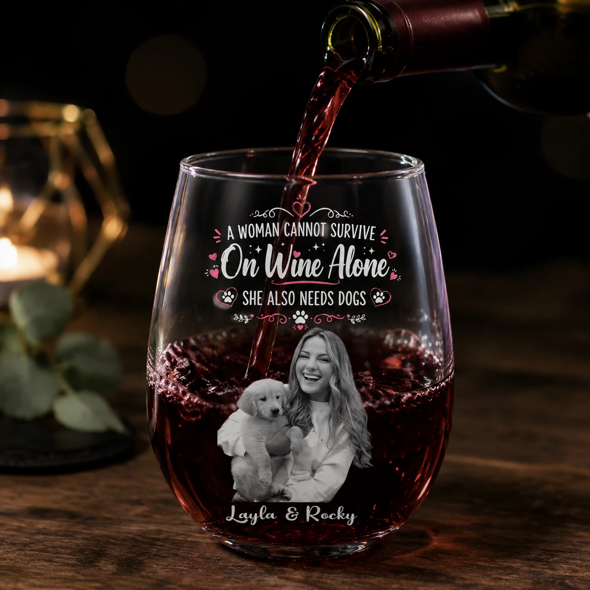 Custom Photo Pencil Sketch Pet Portrait A Woman & Her Dog - Personalized Stemless Wine Glass