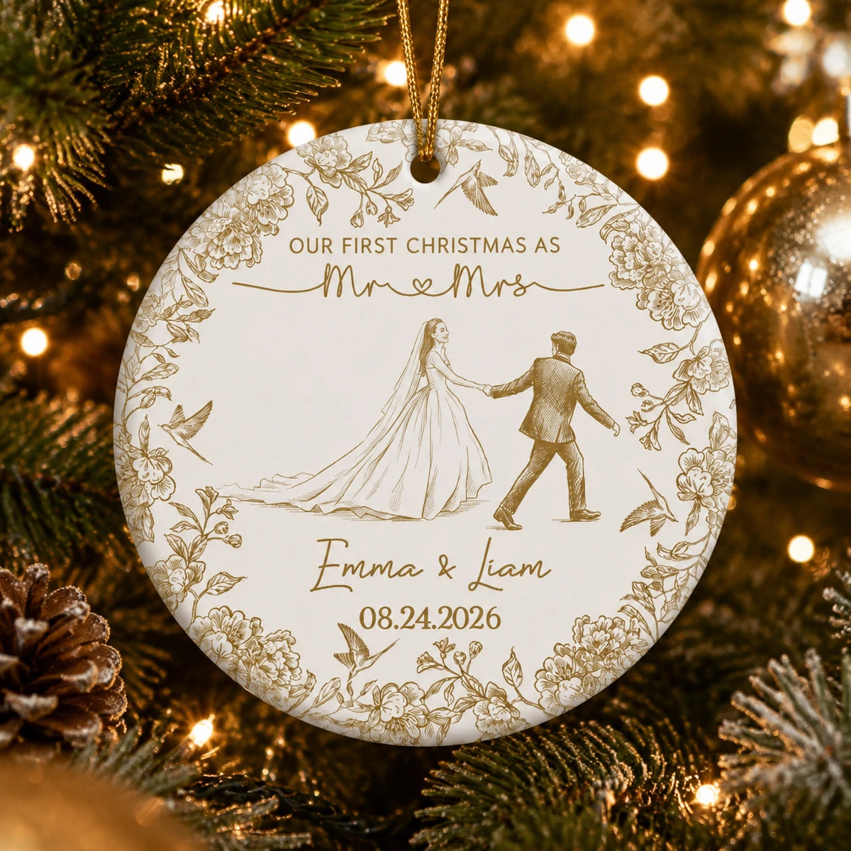 Personalized Ceramic Christmas Ornament Round Shape Custom Name First Christmas Married Wedding Couple Floral Frame Christmas Gift