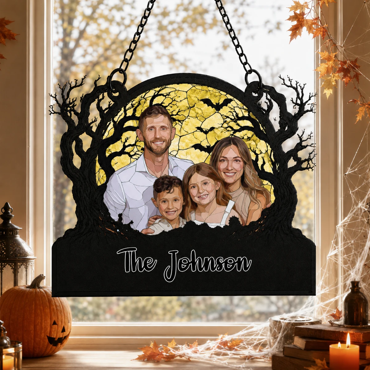 Personalized Family Halloween Stained Glass Suncatcher, Custom Portrait Spooky Window Hanging, Family Name Autumn Decor Gift