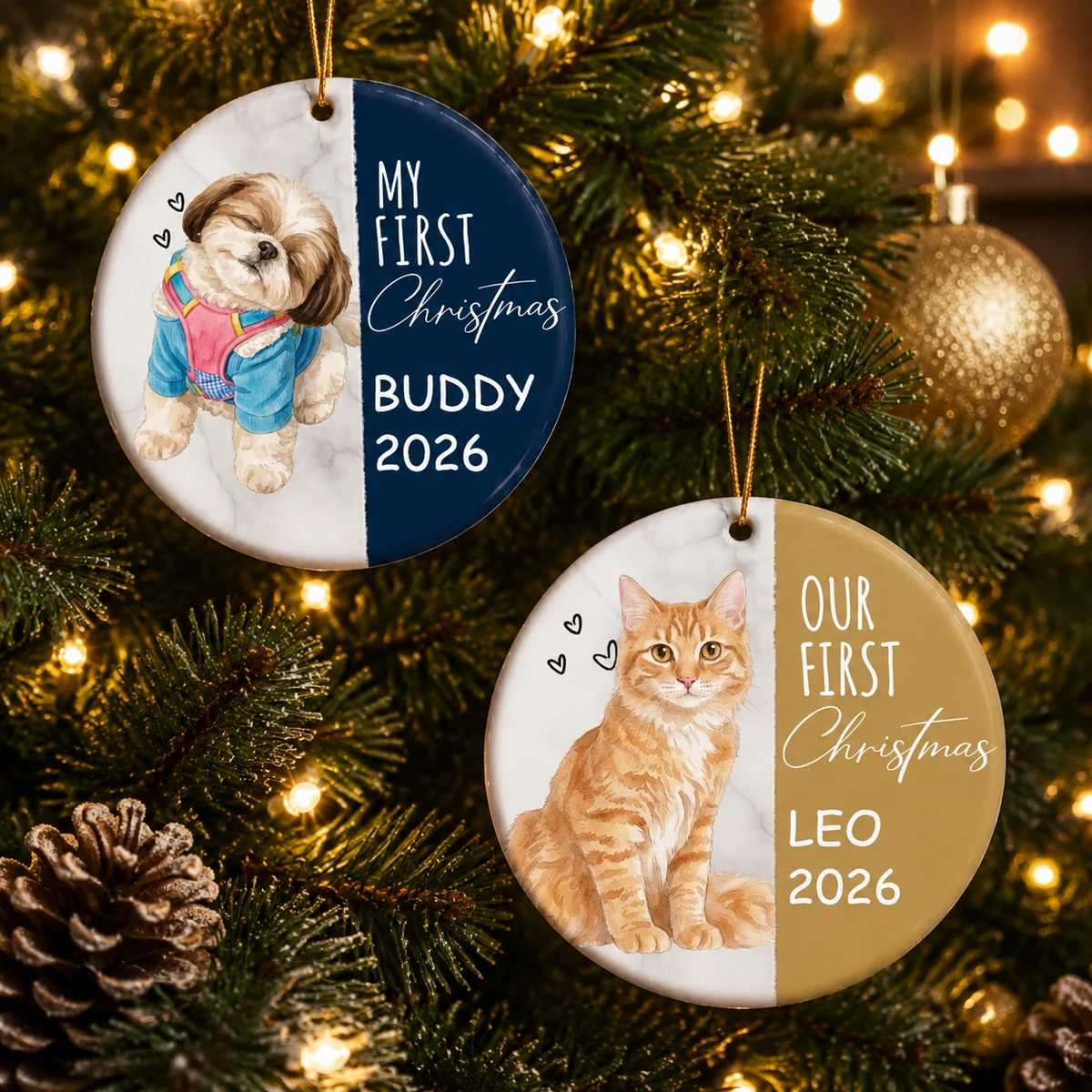 Personalized Ceramic Christmas Ornament Round Shape Custom Pet Photo Name First Christmas Split Design Christmas Gift