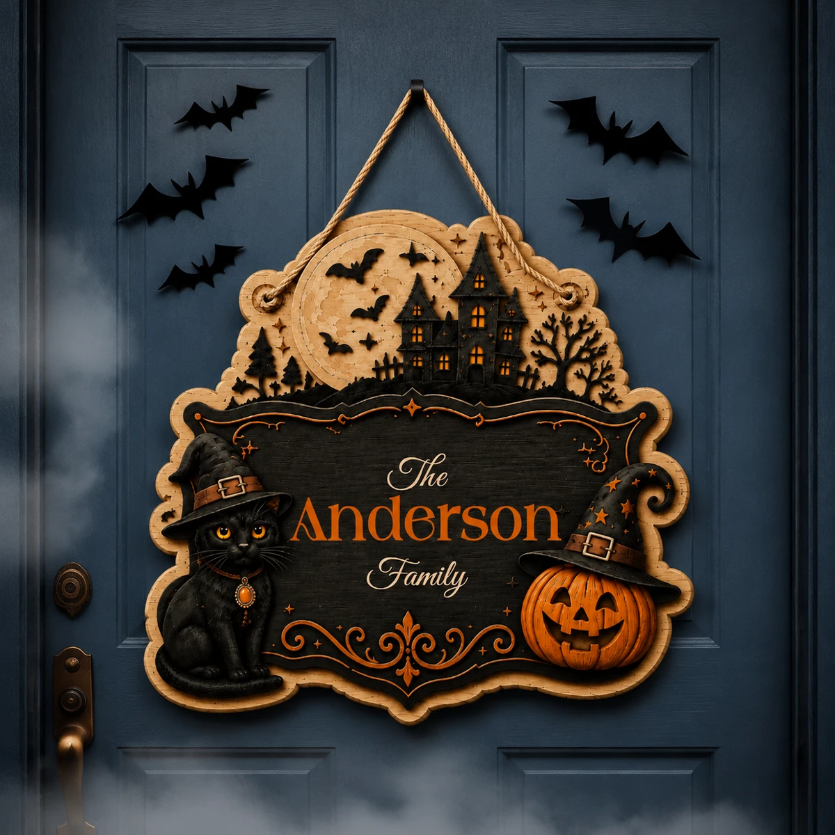 Personalized Halloween Door Sign, Custom Family Name Haunted House Plaque, Black Cat Pumpkin Witch Decor, Gothic Home Entrance Gift