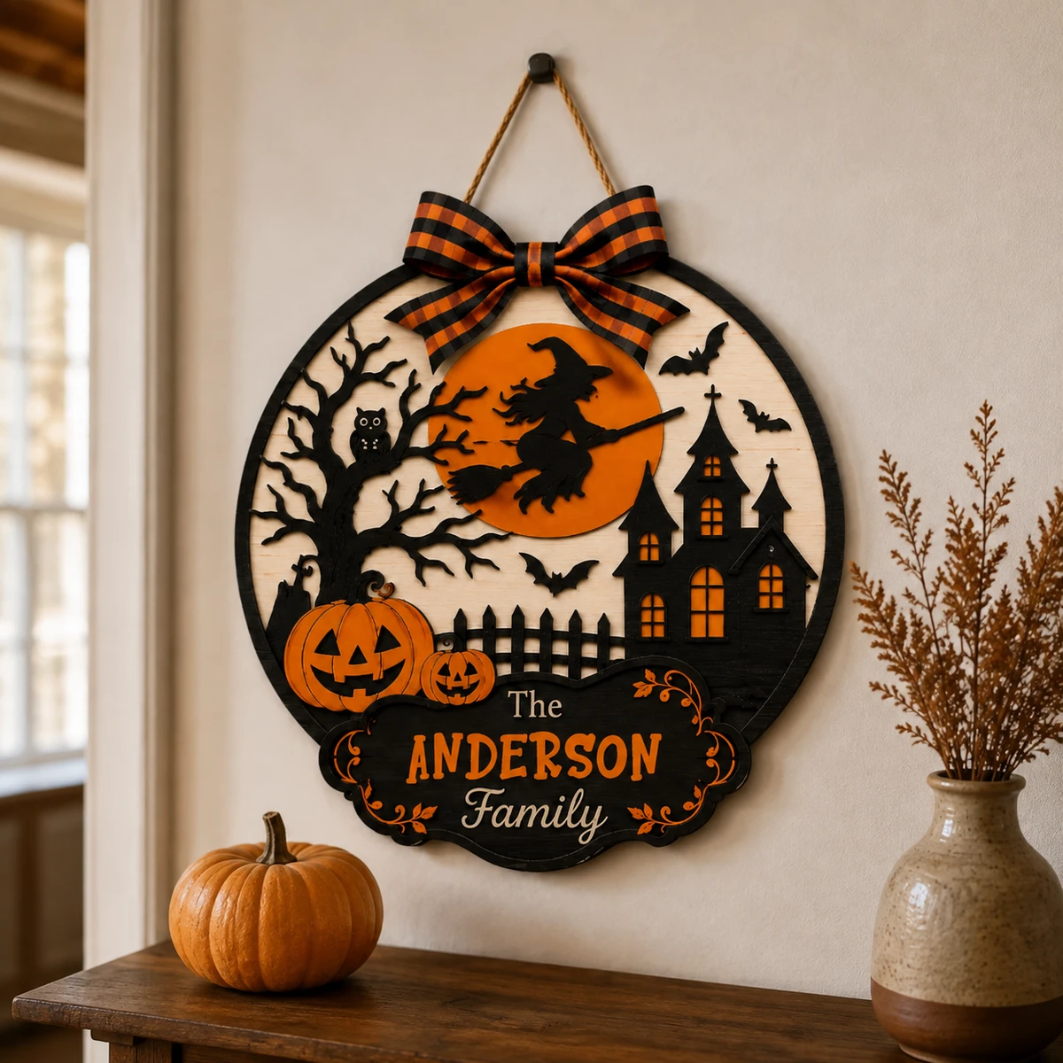 Personalized Witchy Halloween Family Sign, Custom Name Haunted Village Door Decor, Pumpkin Bat Castle Plaque, Unique Halloween Gift