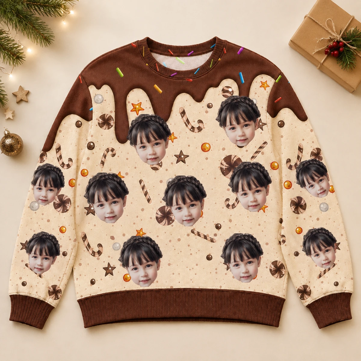 Personalized Custom Face Christmas Ugly Sweatshirt Candy Theme Holiday Gift