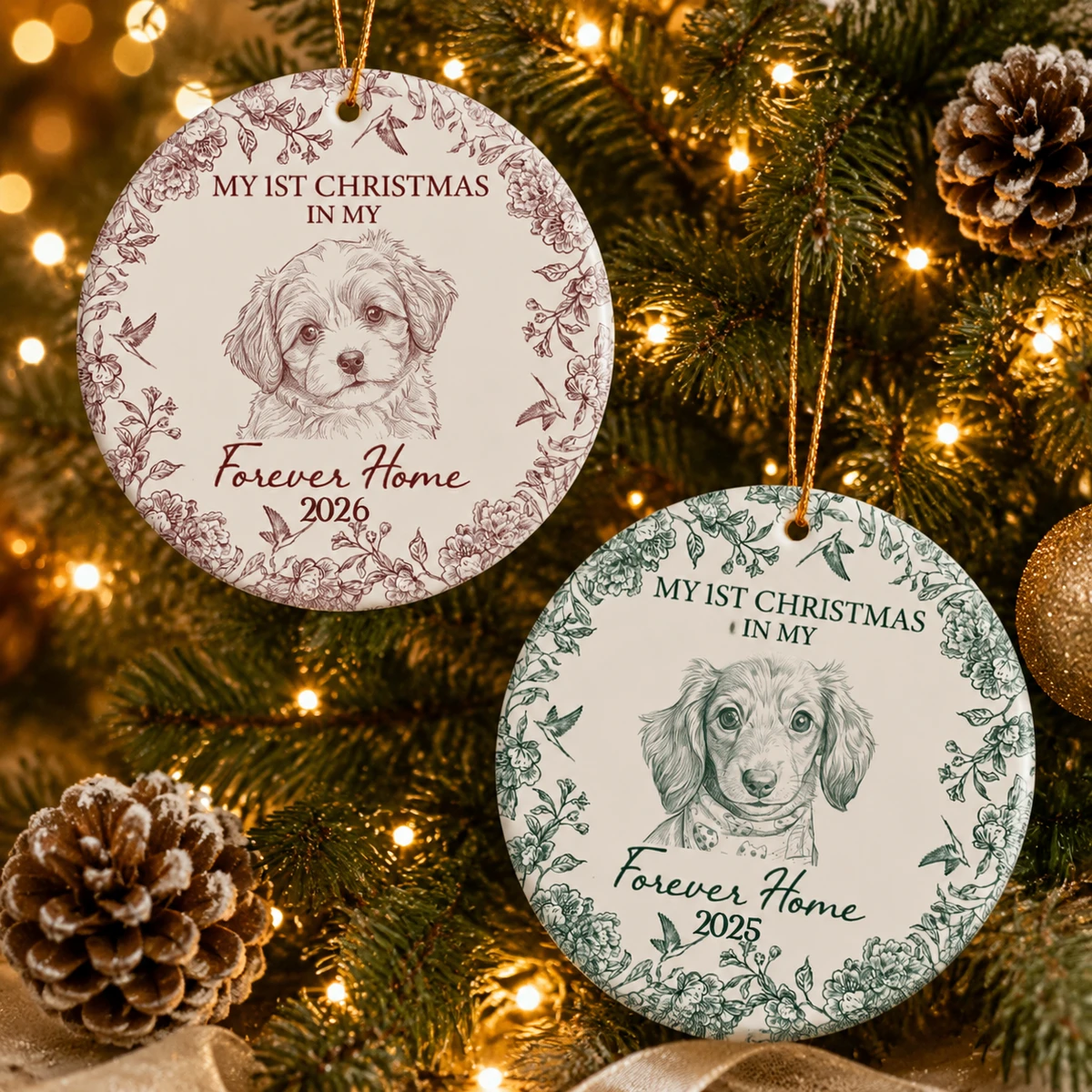 Personalized Ceramic Christmas Ornament Round Shape Custom Pet Photo First Christmas Forever Home Floral Frame Christmas Gift