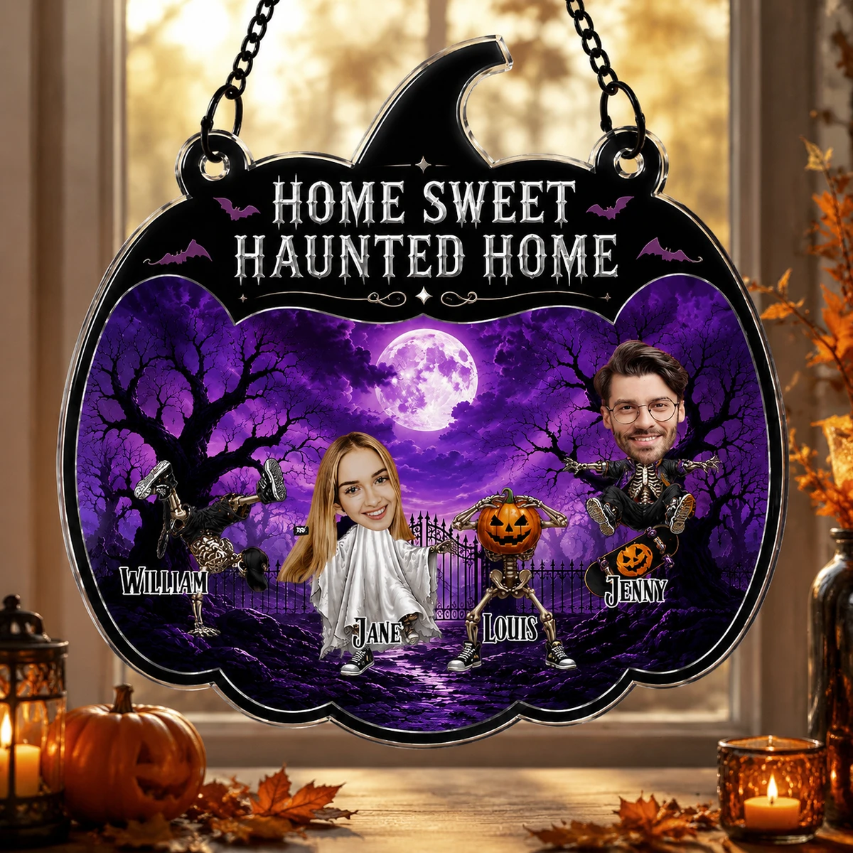 Personalized Family Halloween Breakdance Skeleton Stained Glass Suncatcher, Custom Face Spooky Window Hanging, Home Sweet Haunted Home Decor