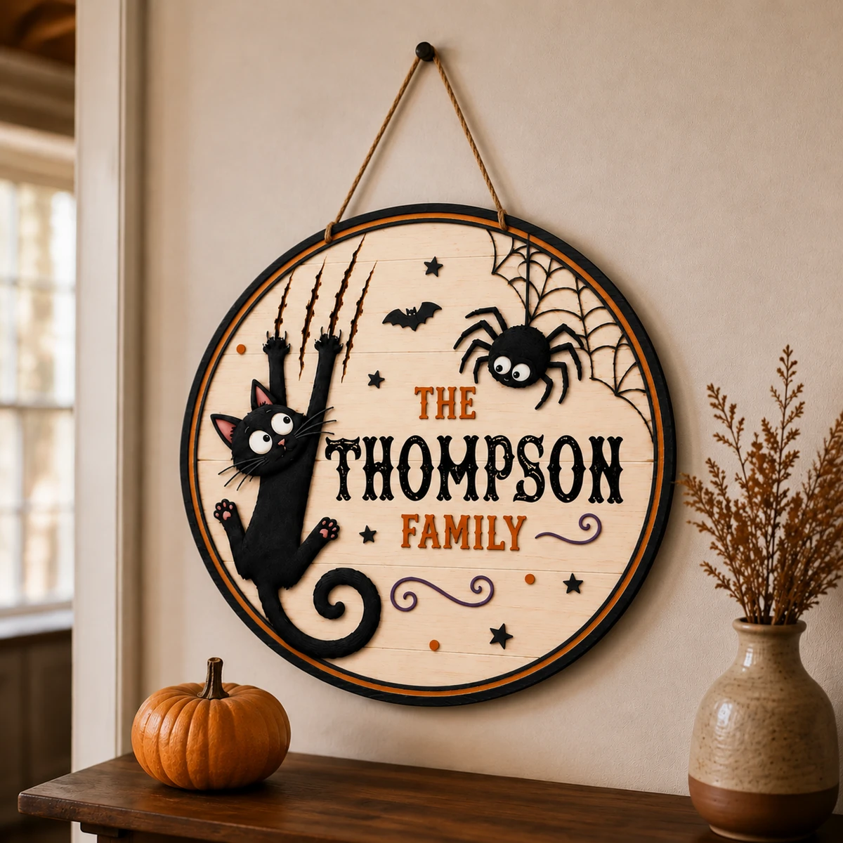 Personalized Halloween Door Sign, Custom Family Name Black Cat Spider Decor, Spooky Web Hanging Plaque, Gothic Halloween Home Gift