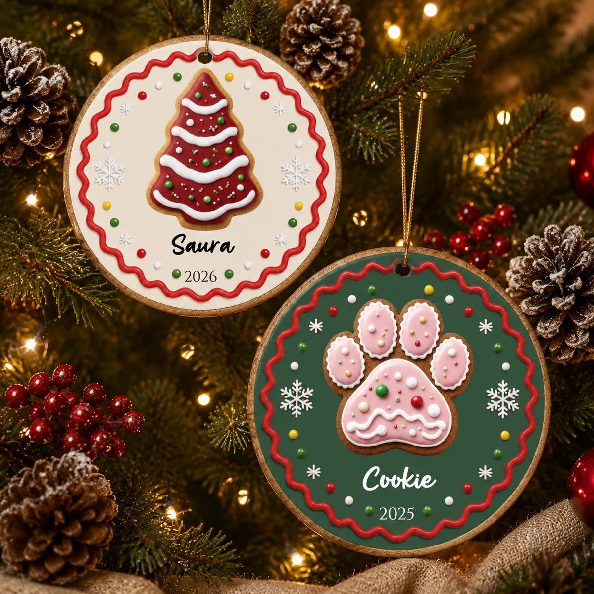 Personalized Ceramic Christmas Ornament Round Shape Custom Name Gingerbread Christmas Tree Paw Print Christmas Gift