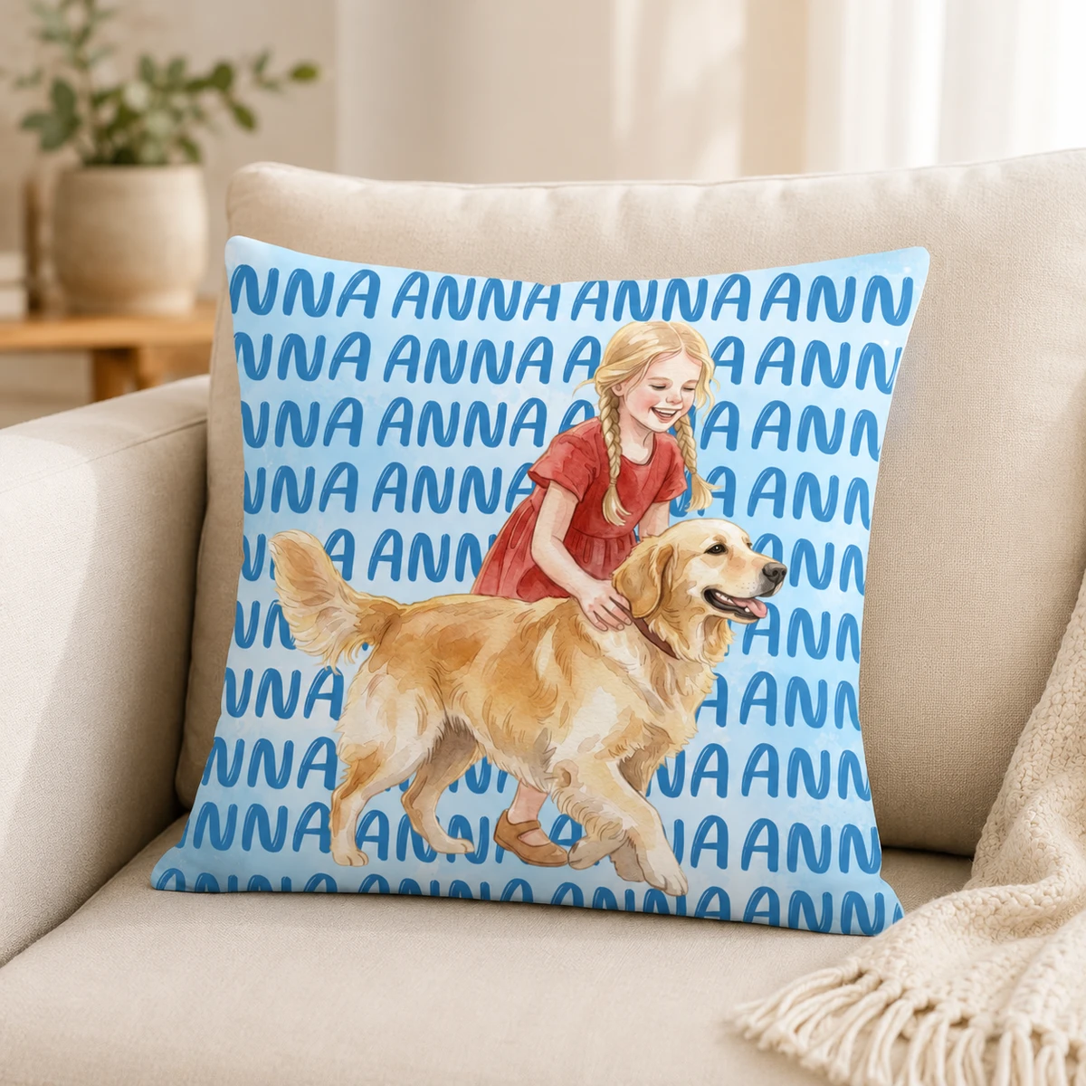 Custom Pet Portrait & Name Watercolor Style - Personalized Pillow
