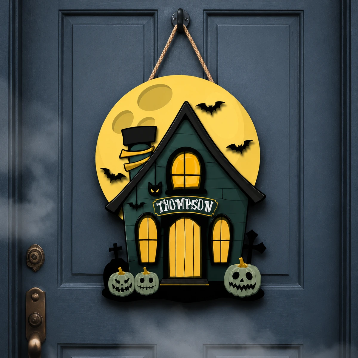 Custom Family Halloween Door Hanger, Personalized Haunted House Name Sign, Witchy Cottage Moon Decor, Pumpkin Bat Spooky Home Gift
