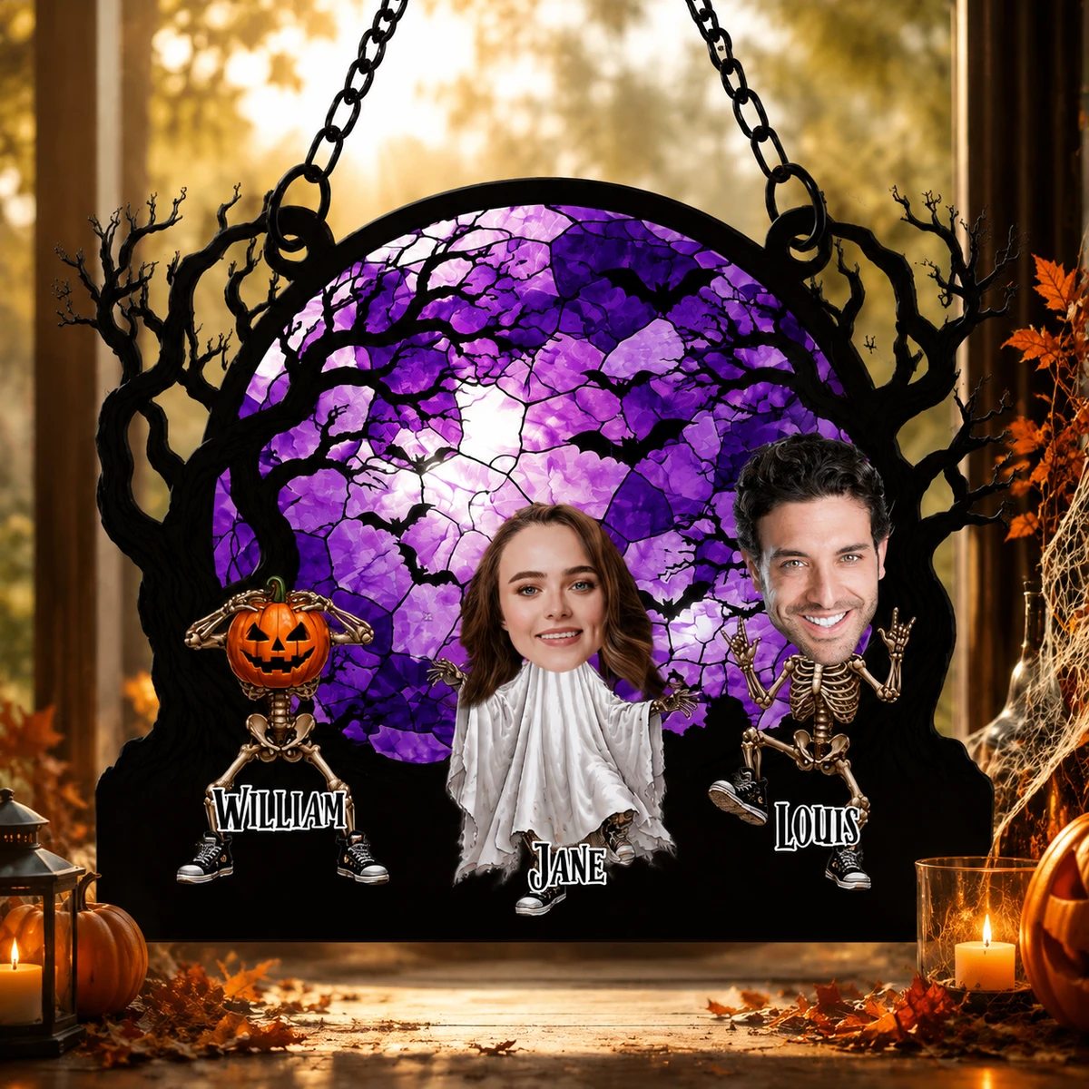 Personalized Halloween Skeleton Stained Glass Suncatcher, Custom Face Spooky Window Hanging, Family Costume Autumn Decor
