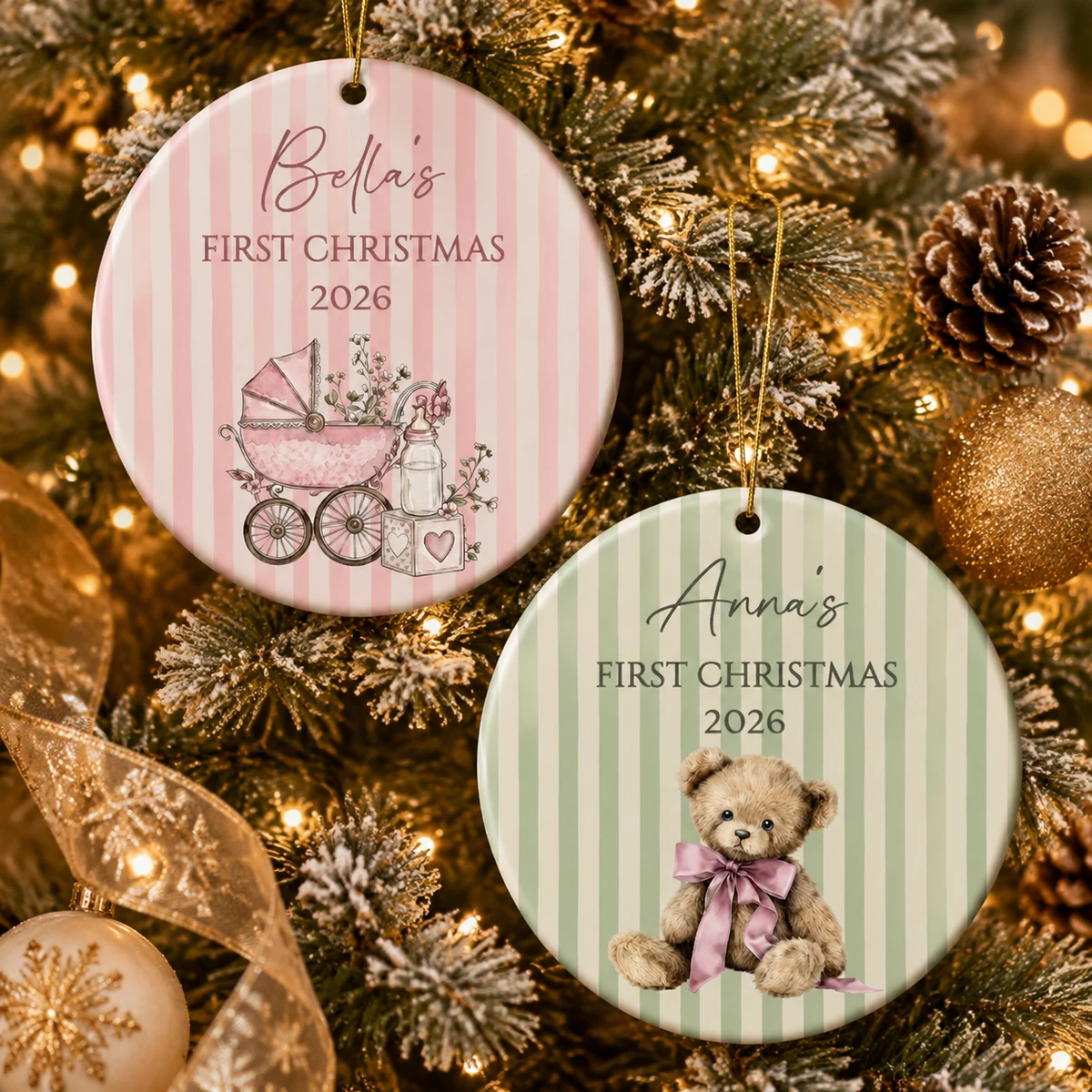 Personalized Ceramic Christmas Ornament Round Shape Custom Name First Christmas Baby Girl Boy Stroller Teddy Bear Christmas Gift