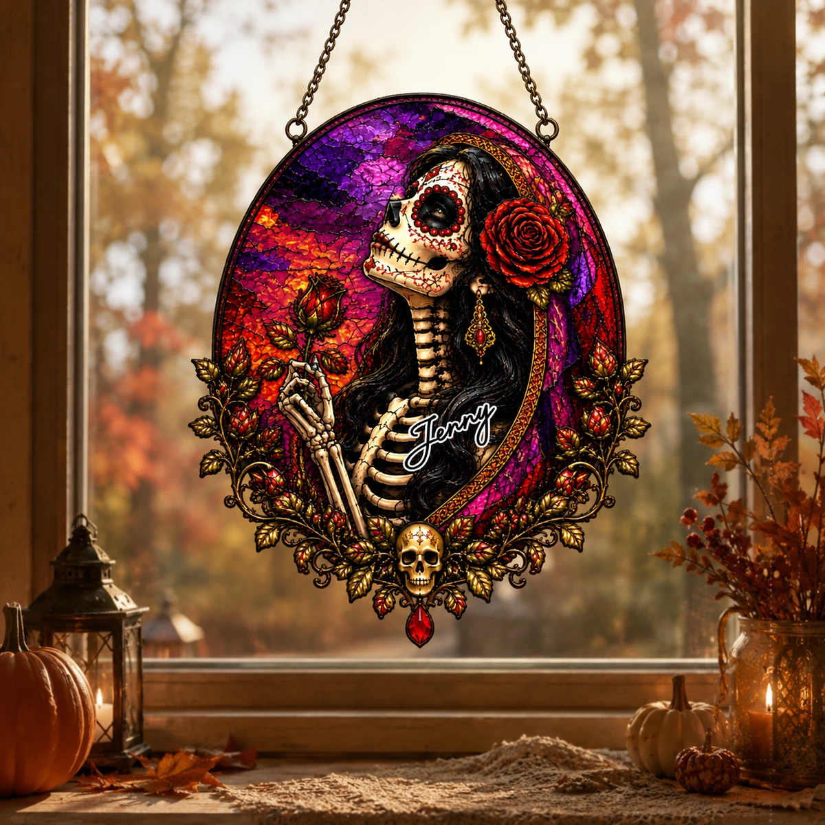 Sugar Skull Suncatcher, Faux Stained Glass Window Hanging, Dia De Los Muertos Art, Colorful Calavera Gothic Home Decor Gift
