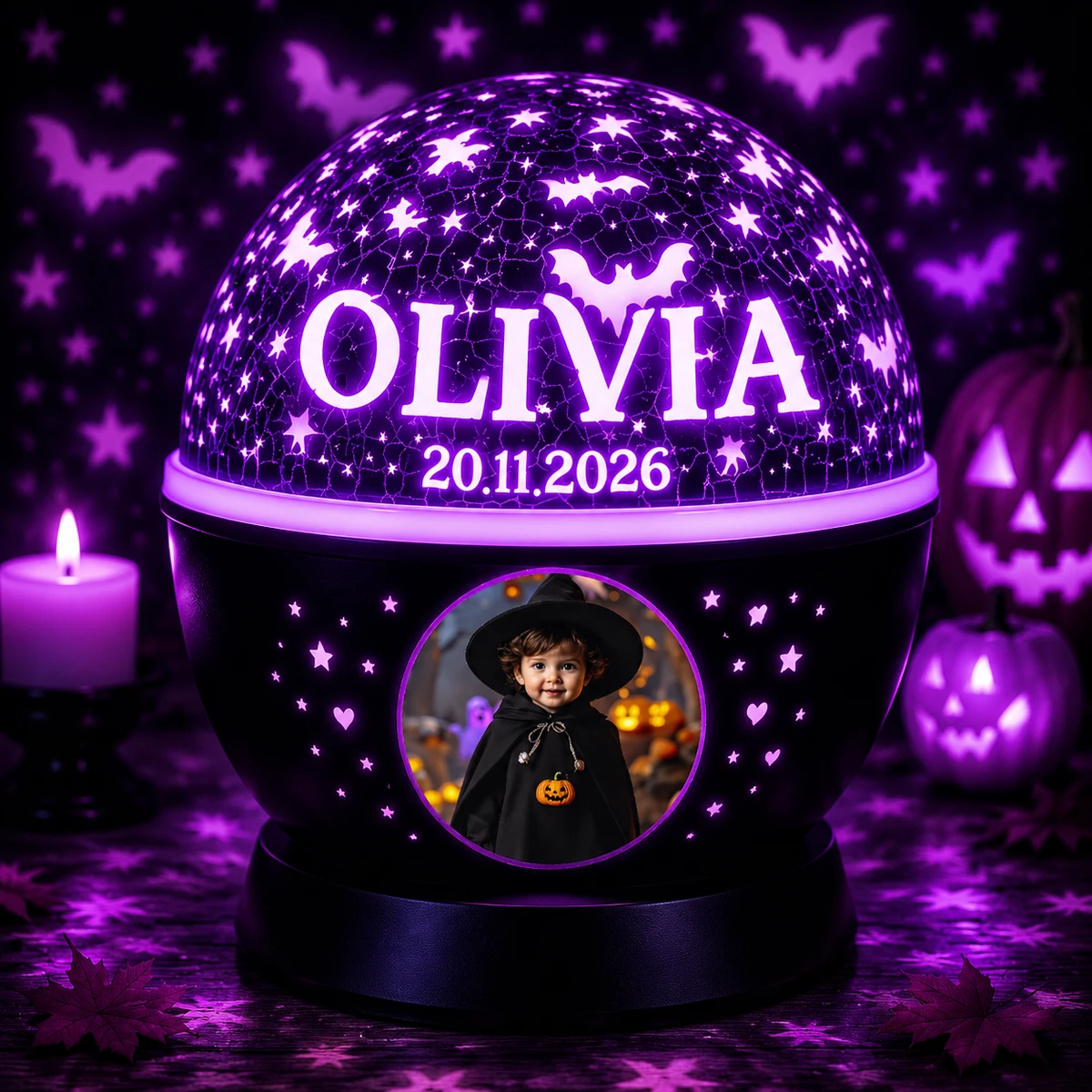 Personalized "Purple Globe" Kids Photo & Name Halloween Led Night Light