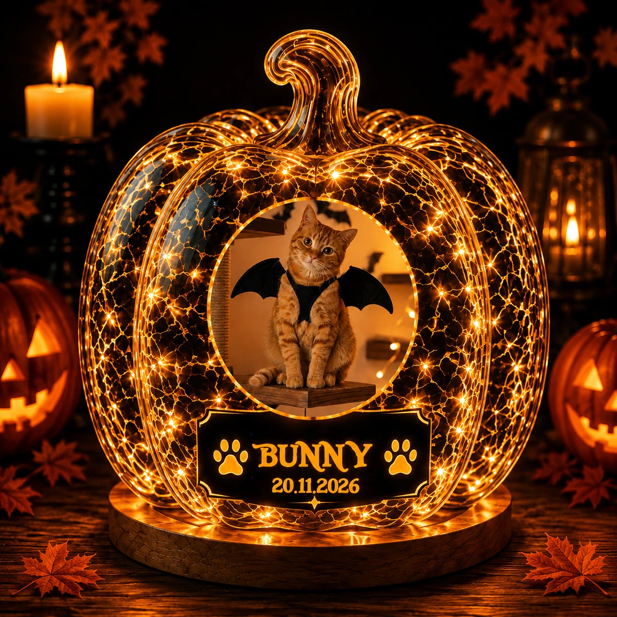 Personalized "Cracked Pumpkin" Pet Photo & Name Halloween Led Night Light