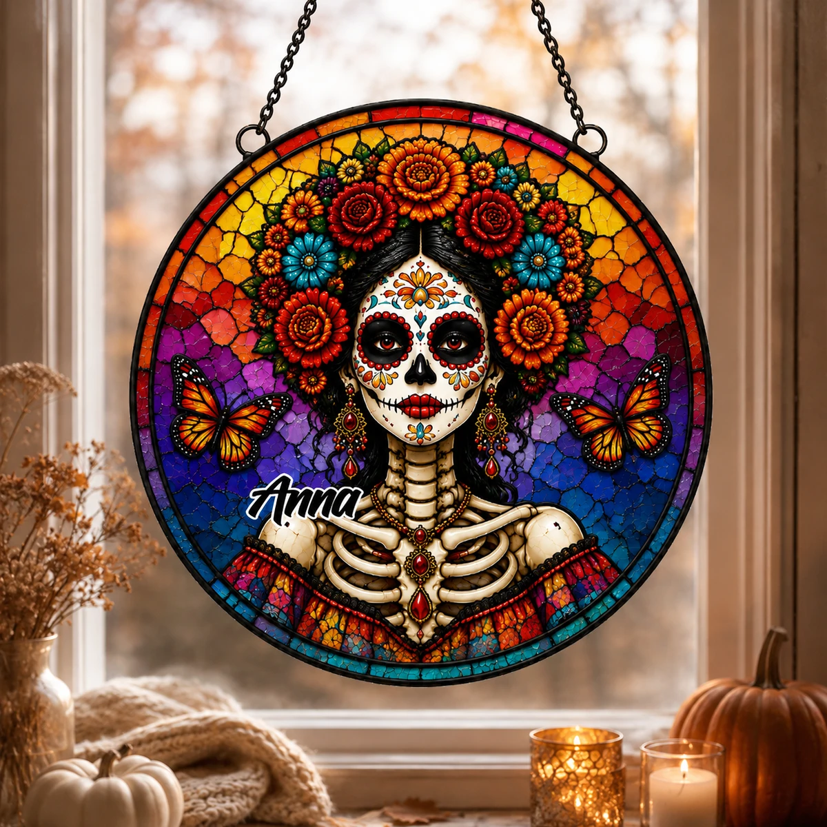 Personalized Day Of The Dead Floral Skull Suncatcher, Faux Stained Glass Window Hanging With Butterflies & Marigolds, Custom Name Gift