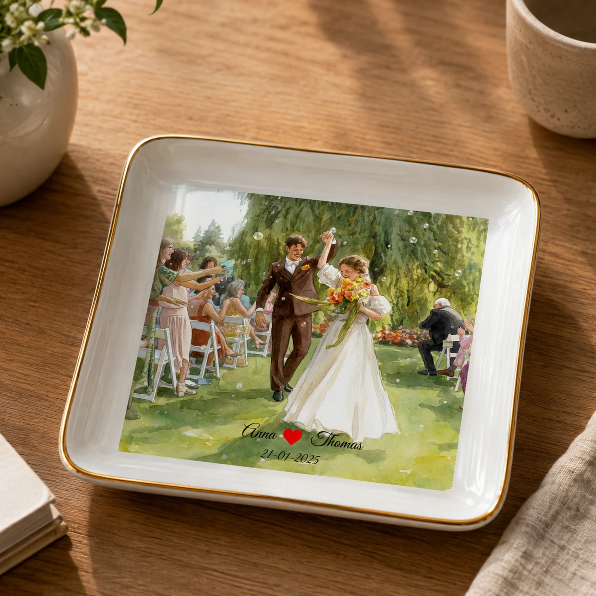 Custom Photo Watercolor Painting Couples Anniversary Gift - Personalized Ring Dish
