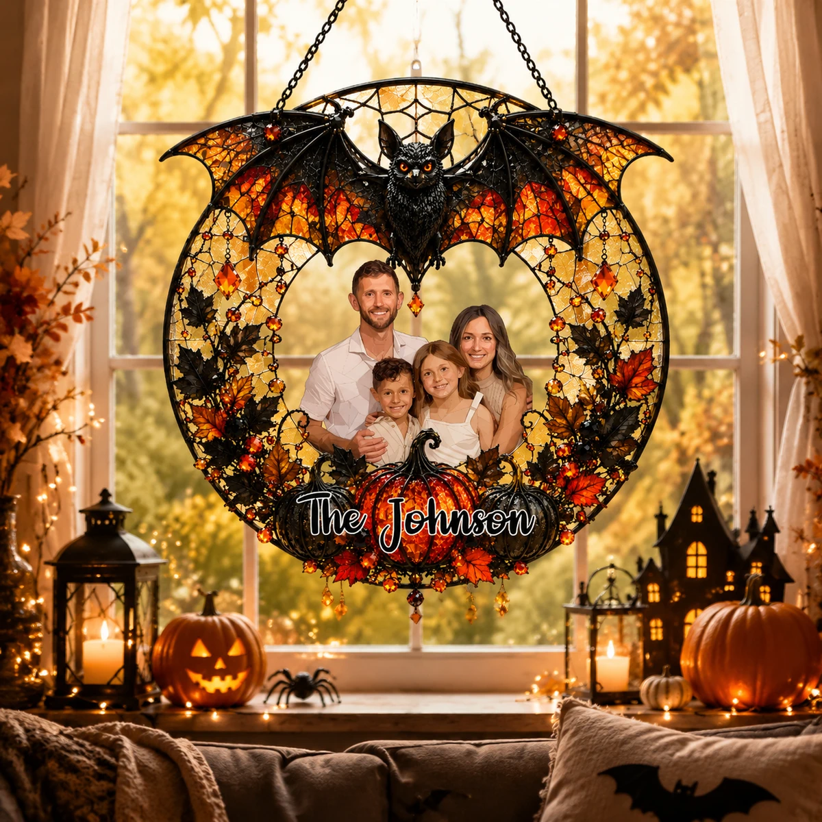 Personalized Family Bat Pumpkin Wreath Acrylic Suncatcher, Custom Portrait Dark Autumn Window Art, Spooky Gothic Holiday Gift Idea