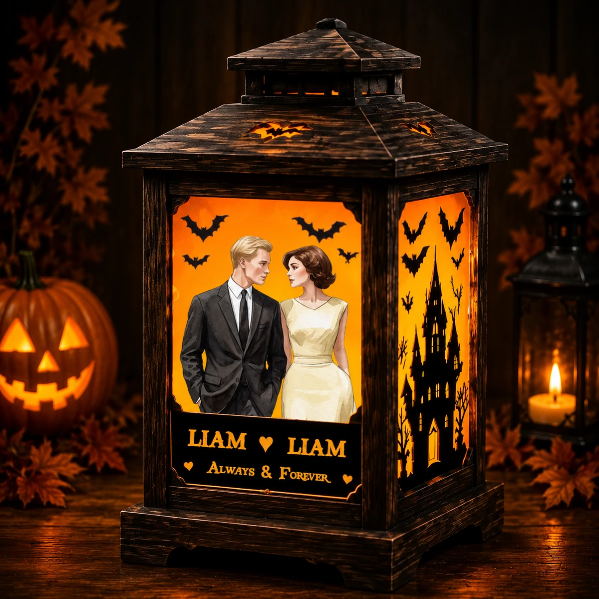 Personalized "Vintage Wooden Lantern" Couple Halloween Led Night Light