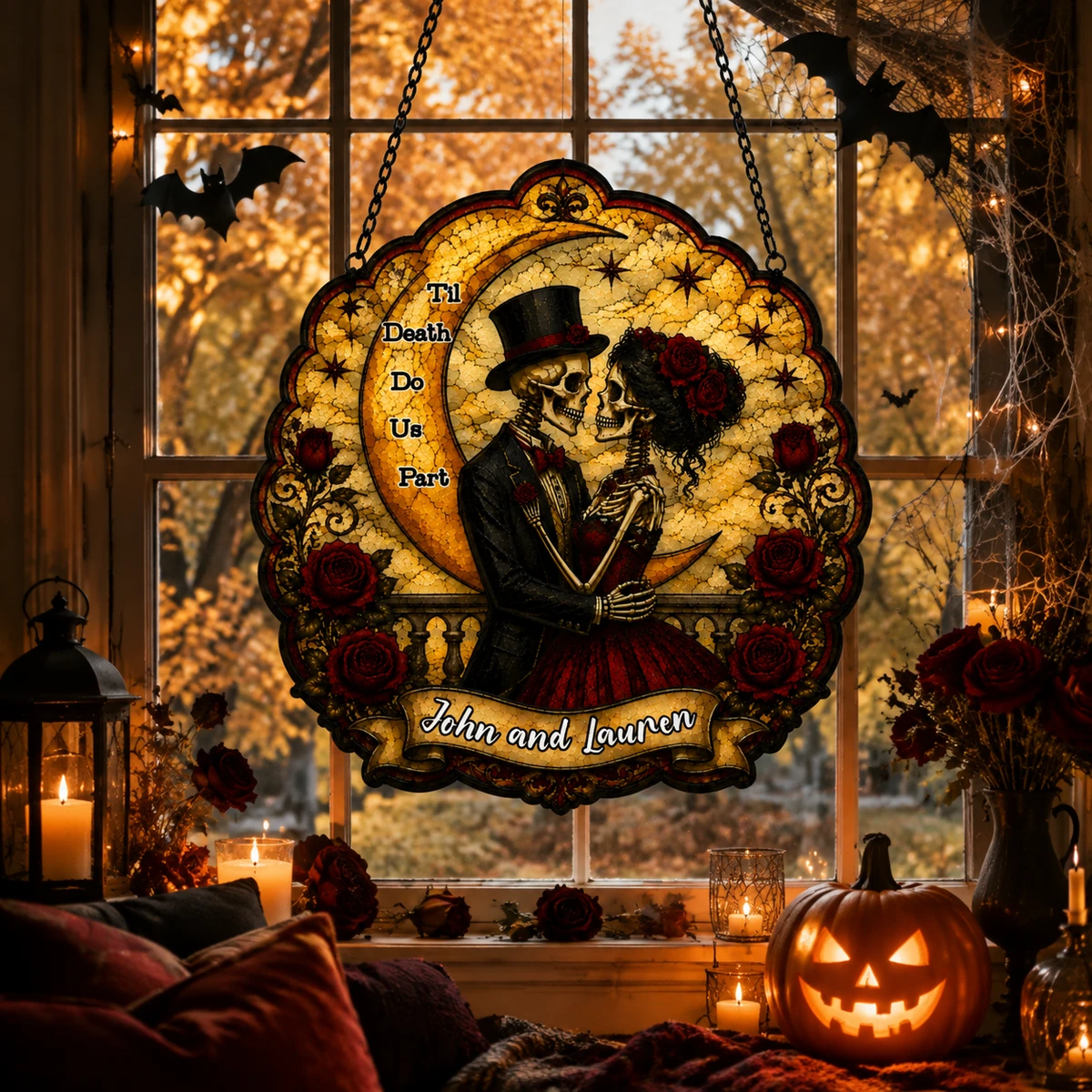 Personalized Gothic Skeleton Couple Acrylic Suncatcher, Till Death Do Us Part Window Hanging, Custom Names Halloween Wedding Gift