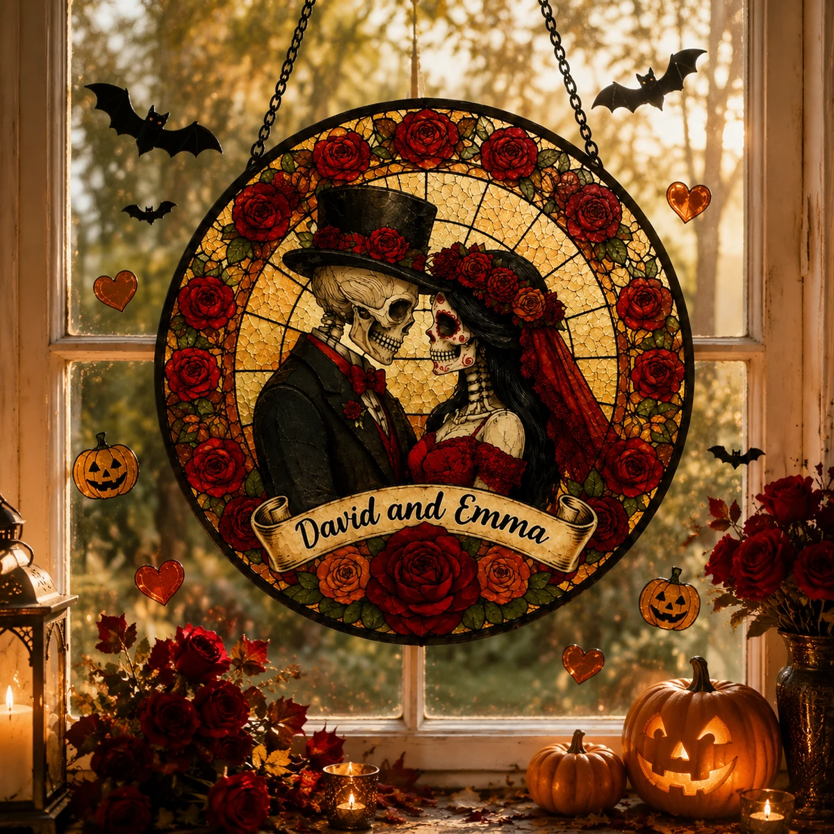Custom Skeleton Couple Stained Glass Suncatcher, Gothic Wedding Decor, Halloween Anniversary Gift For Spooky Couples, Wedding Gift