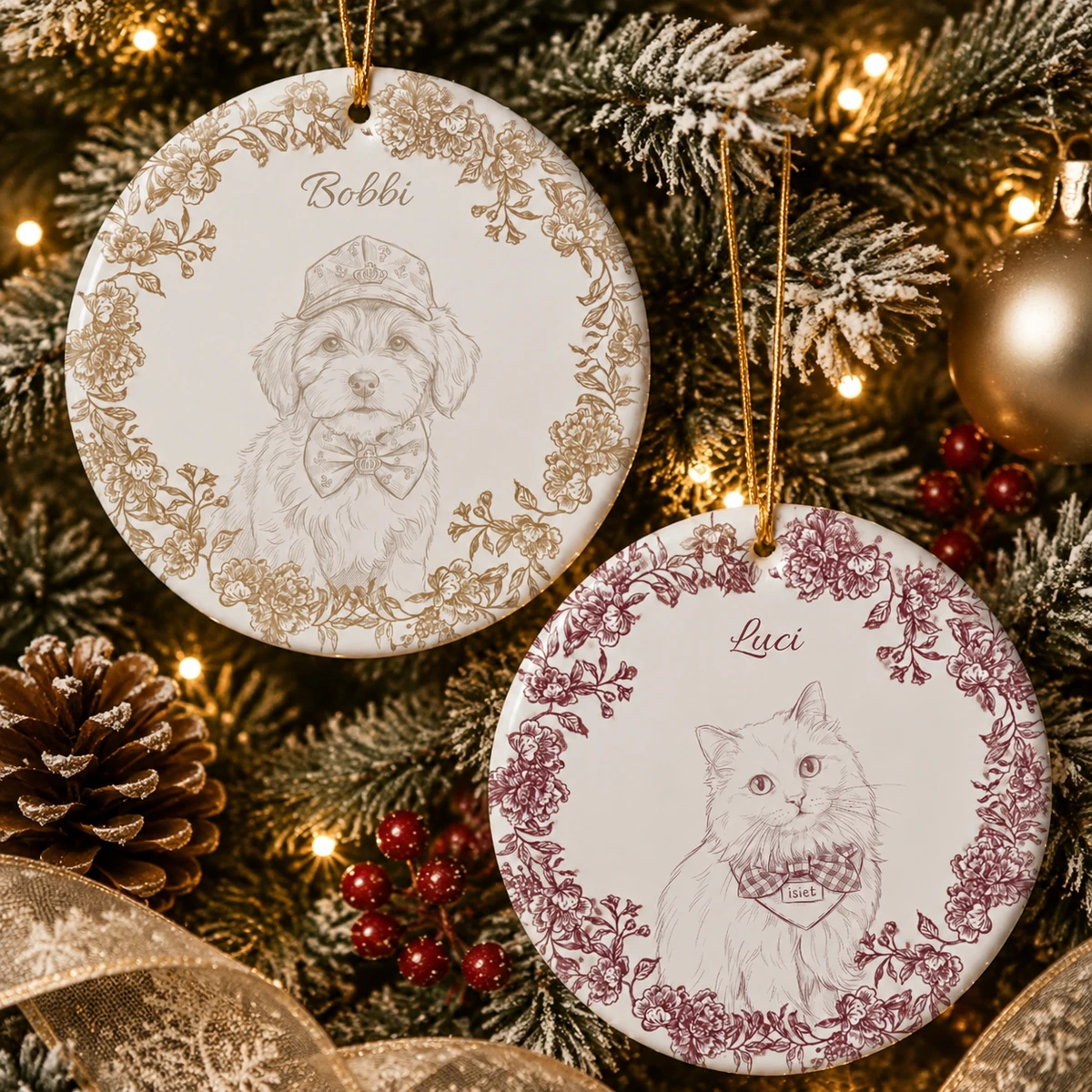 Personalized Ceramic Christmas Ornament Round Shape Custom Pet Photo Name Floral Portrait Sketch Christmas Gift