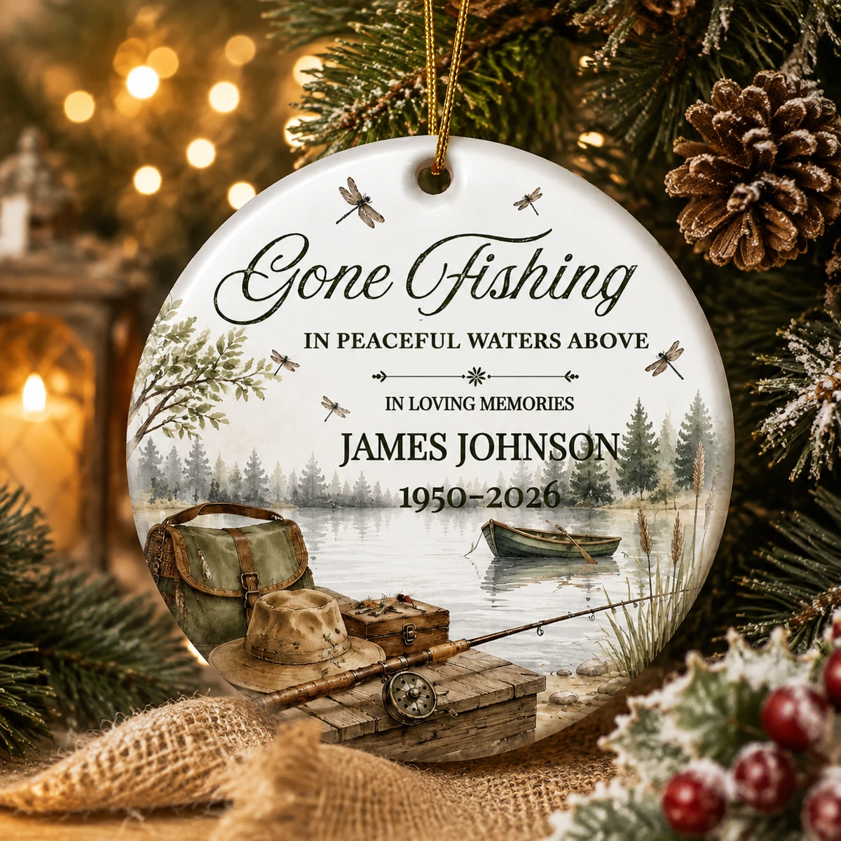 Personalized Ceramic Christmas Ornament Round Shape Custom Name Gone Fishing Memorial Lake Fishing Keepsake Christmas Gift