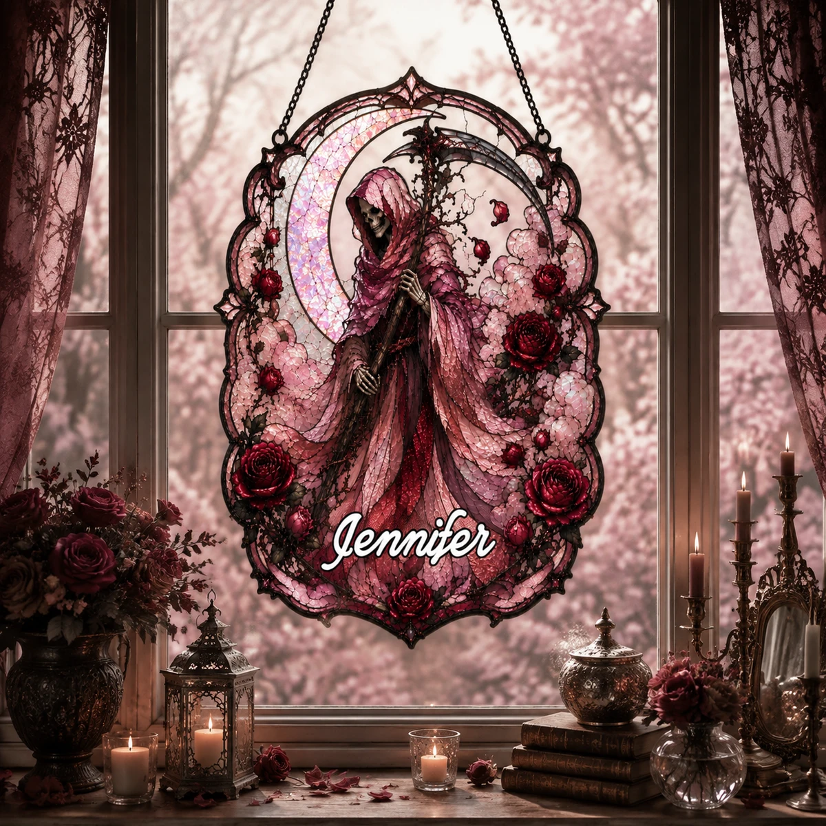 Personalized Gothic Grim Reaper Acrylic Suncatcher, Pink Moon & Roses Window Hanging, Dark Academia Spooky Home Decor Gift