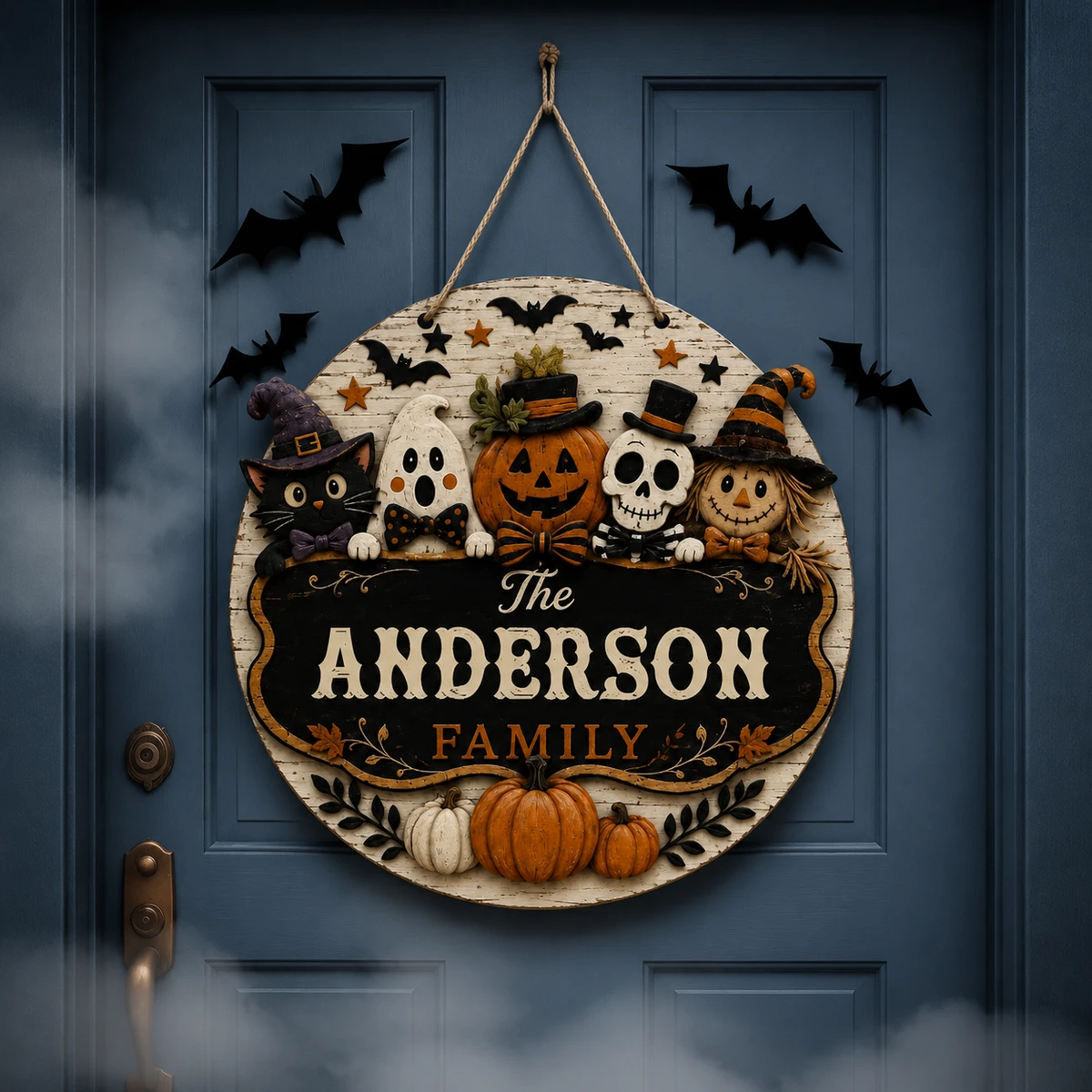 Custom Family Halloween Door Hanger, Personalized Name Pumpkin Sign, Black Cat Ghost Skeleton Witch Decor, Rustic Fall Home Decoration