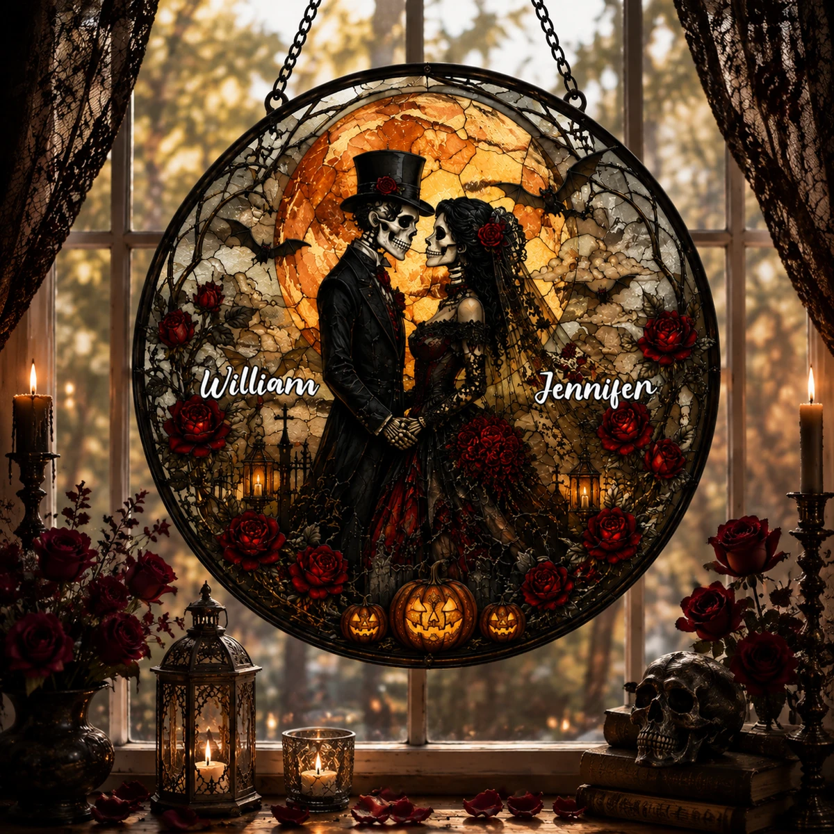 Gothic Skull Couple Acrylic Window Hanging, Custom Names Faux Stained Glass Suncatcher, Dark Romantic Anniversary Gift