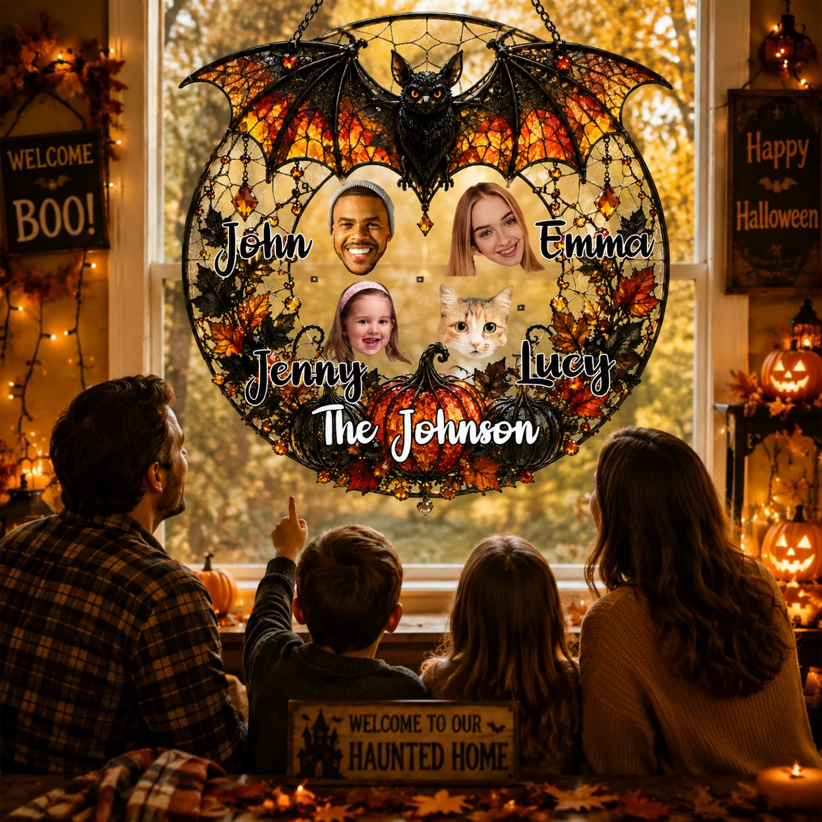 Personalized Family Bat Pumpkin Wreath Acrylic Suncatcher, Custom Face Portrait Dark Autumn Window Art, Spooky Gothic Family Gift