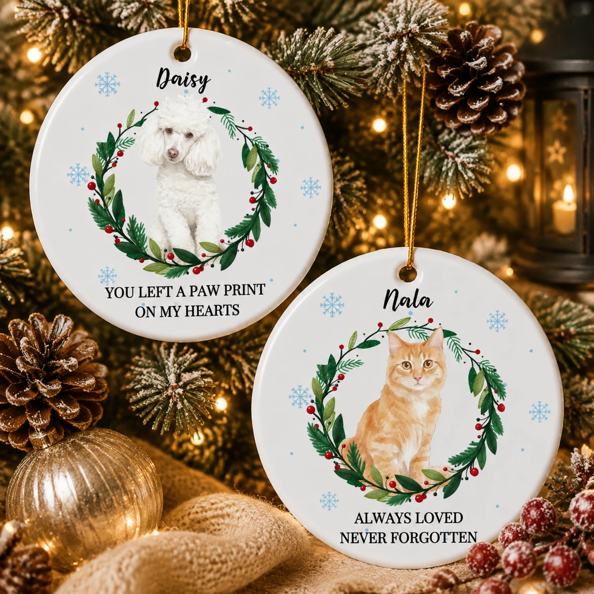 Personalized Ceramic Christmas Ornament Round Shape Custom Pet Photo Name Paw Print Memorial Wreath Christmas Gift